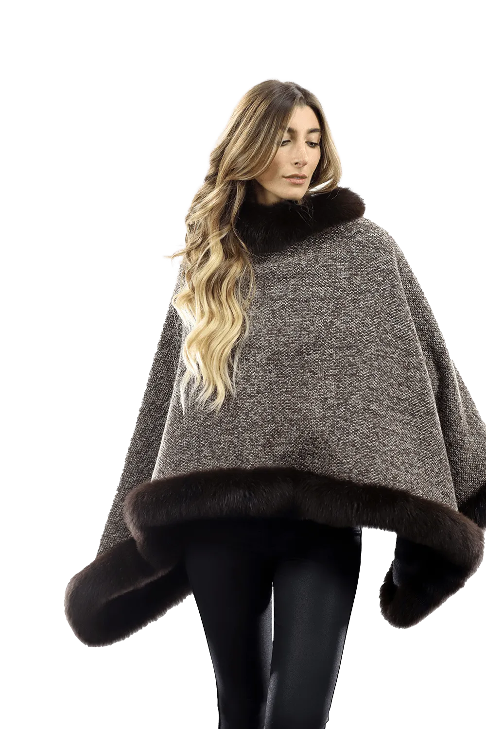 Tweed Poncho with Fur Trim - Brown