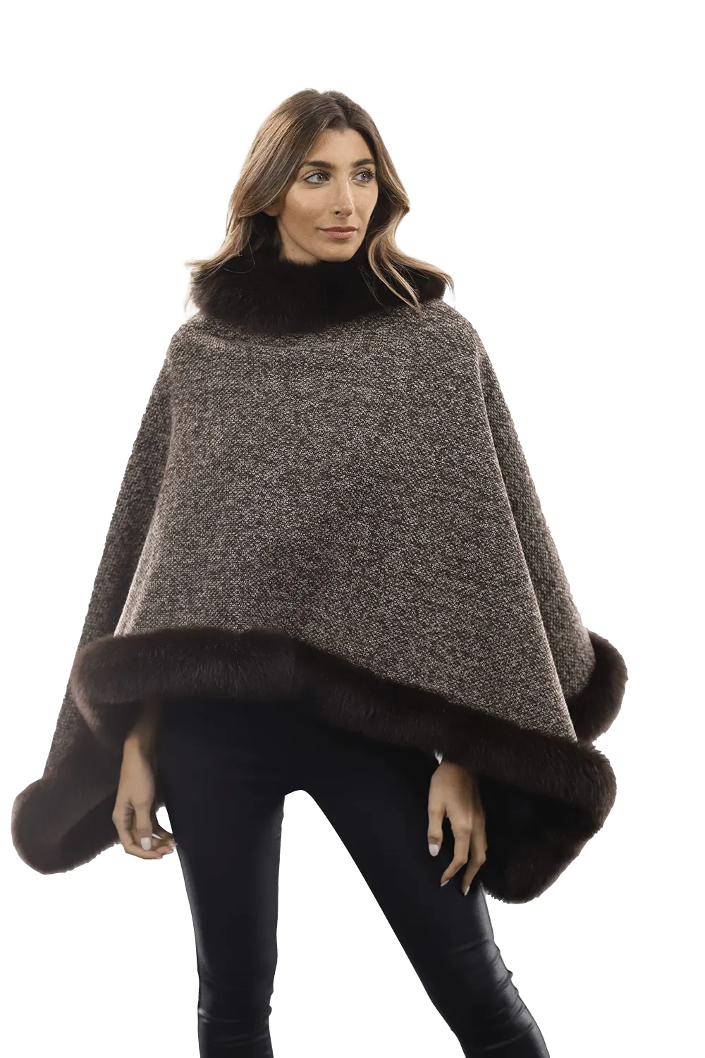 Tweed Poncho with Fur Trim - Brown