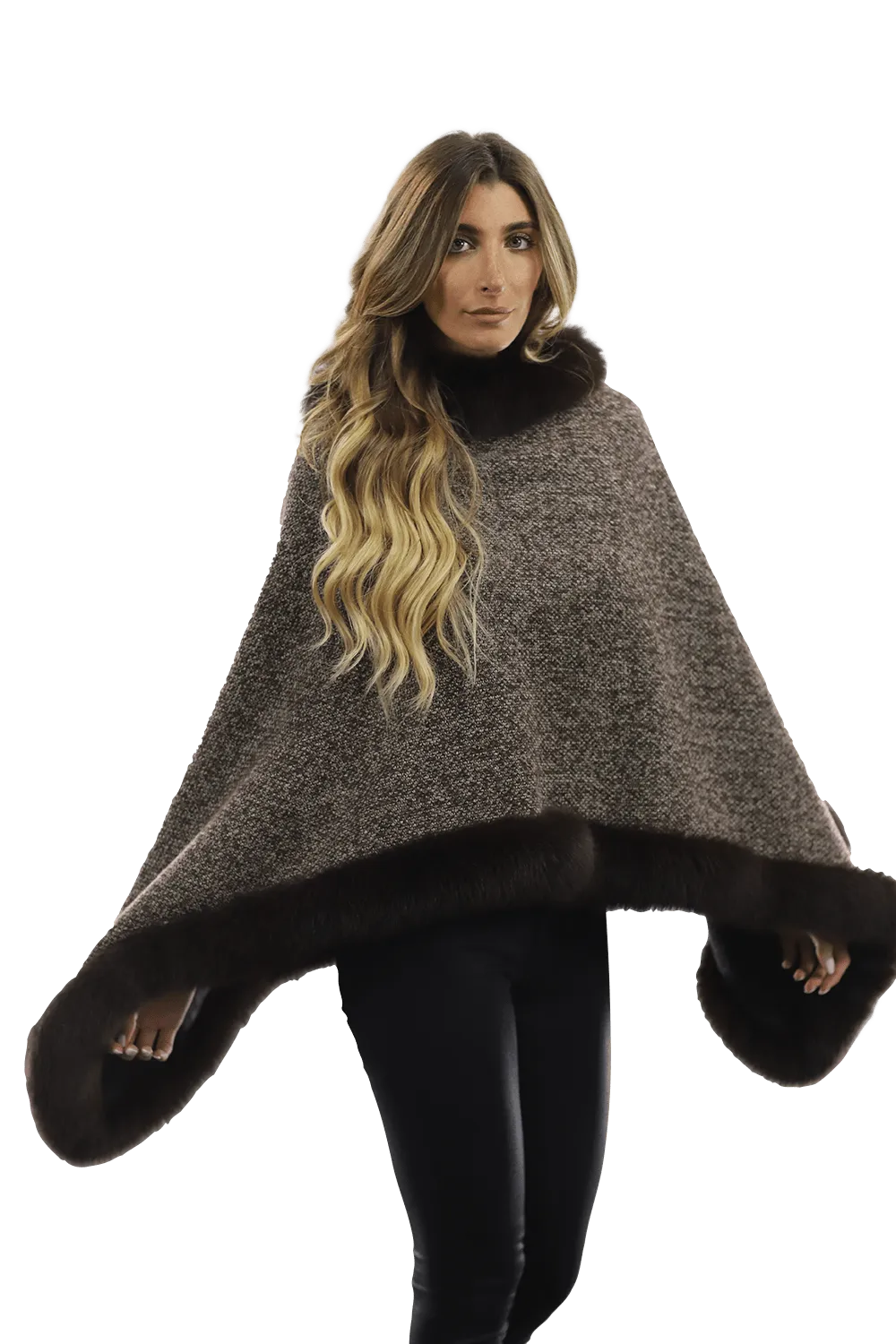 Tweed Poncho with Fur Trim - Brown