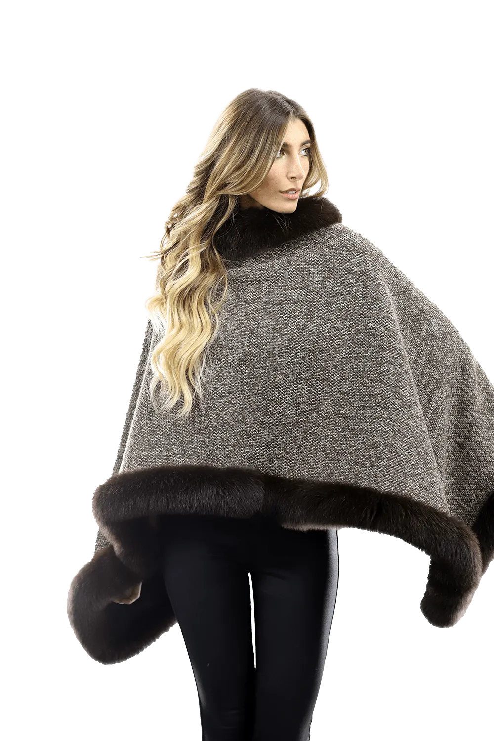 Tweed Poncho with Fur Trim - Brown