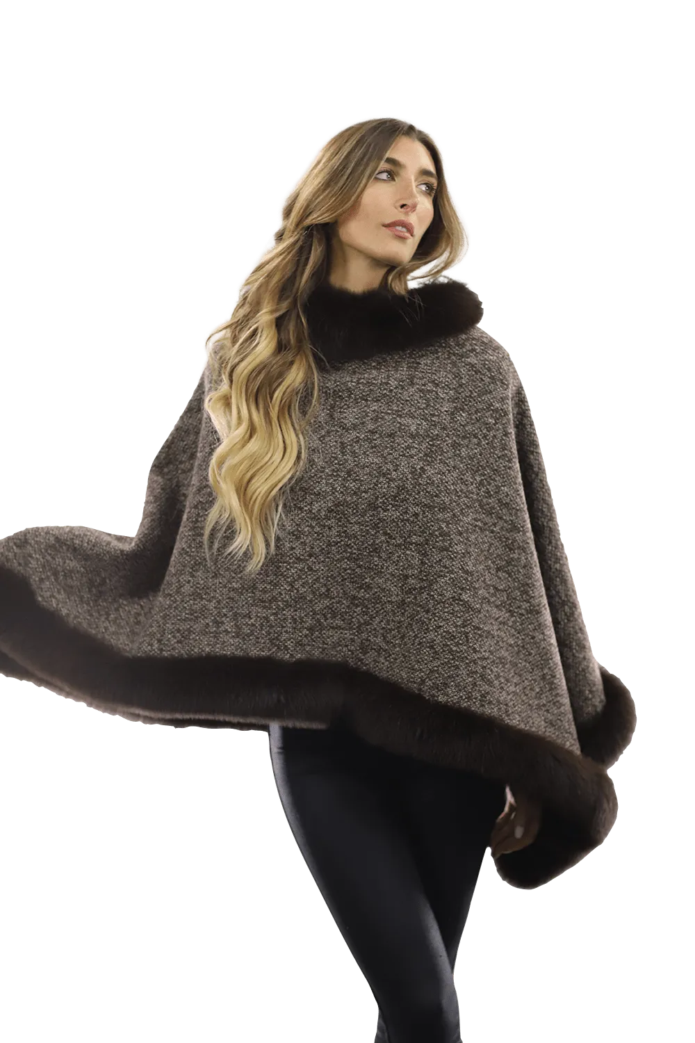 Tweed Poncho with Fur Trim - Brown