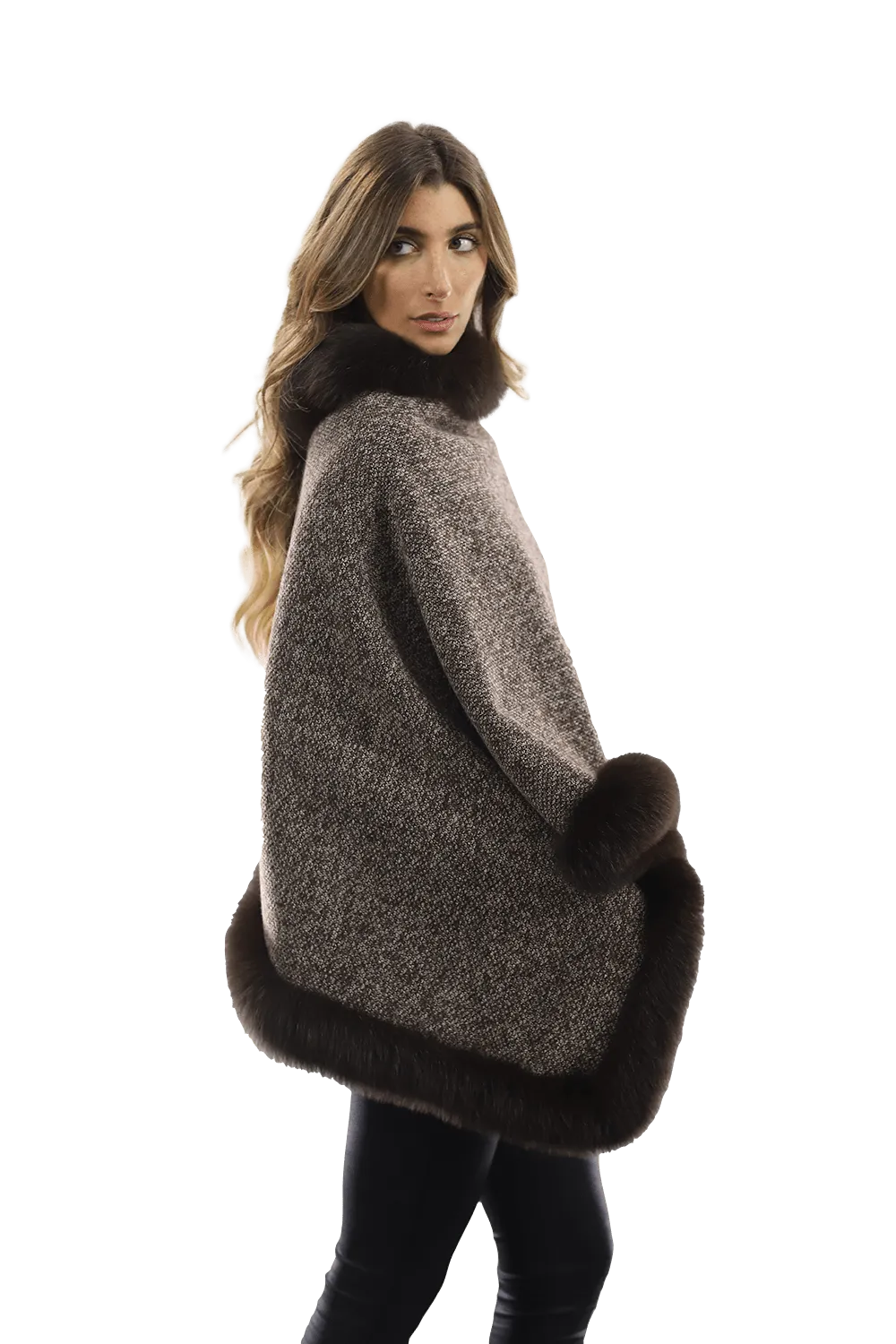 Tweed Poncho with Fur Trim - Brown