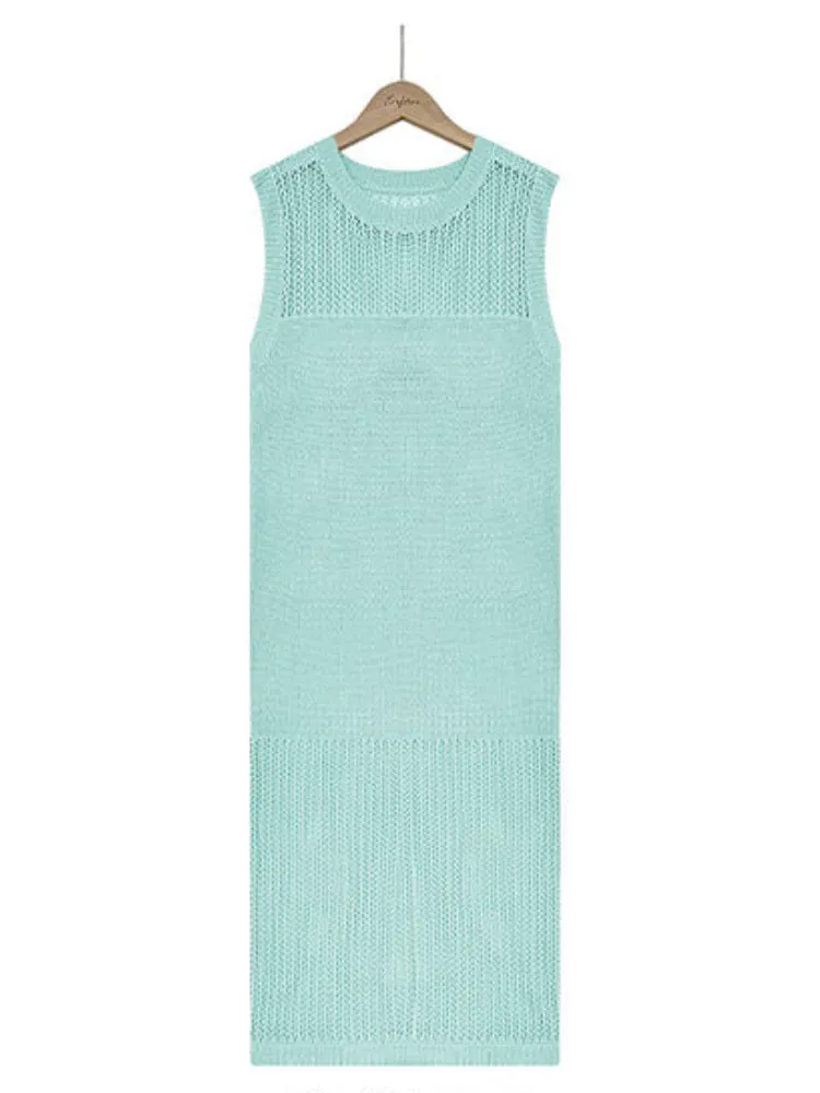 Uniwim Solid Color Hollow Knit Sleeveless  Dress