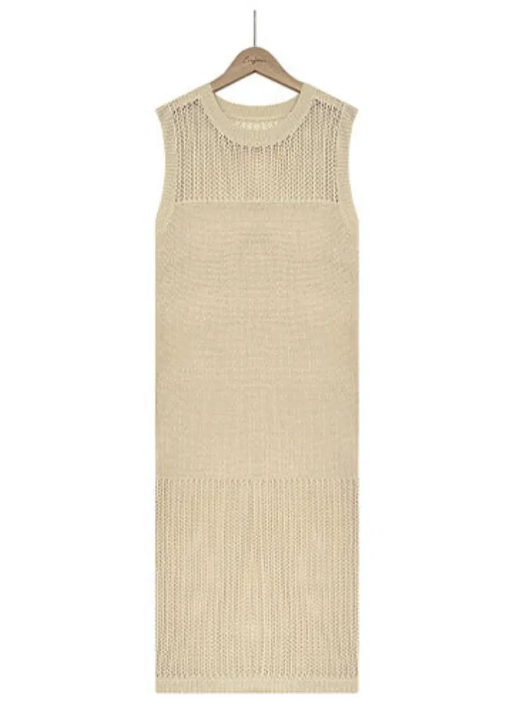 Uniwim Solid Color Hollow Knit Sleeveless  Dress