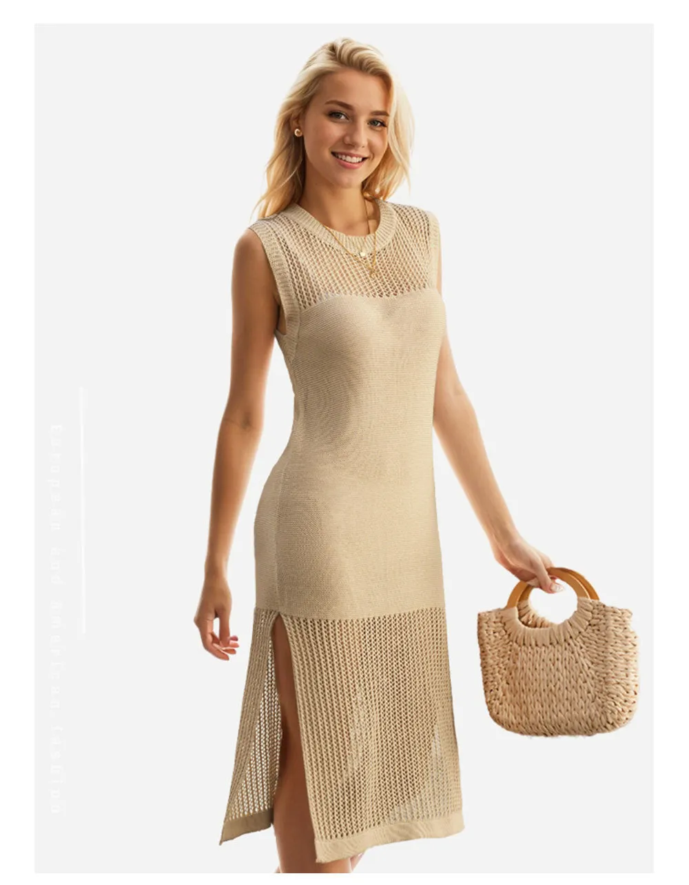 Uniwim Solid Color Hollow Knit Sleeveless  Dress