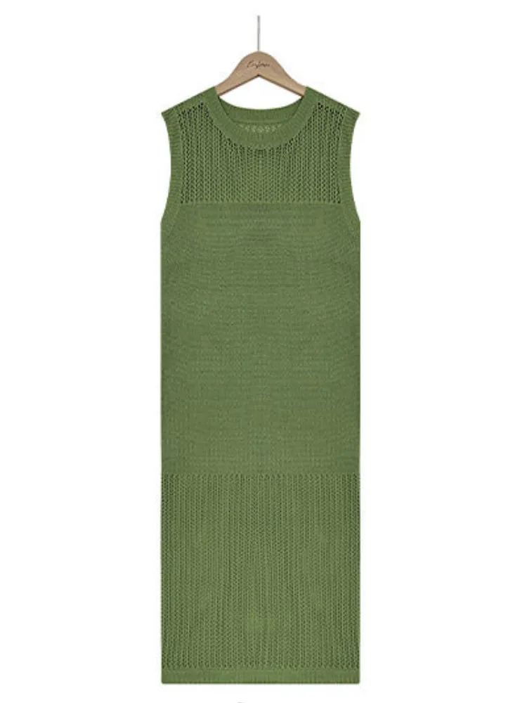 Uniwim Solid Color Hollow Knit Sleeveless  Dress