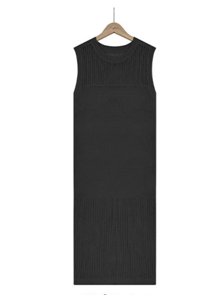 Uniwim Solid Color Hollow Knit Sleeveless  Dress