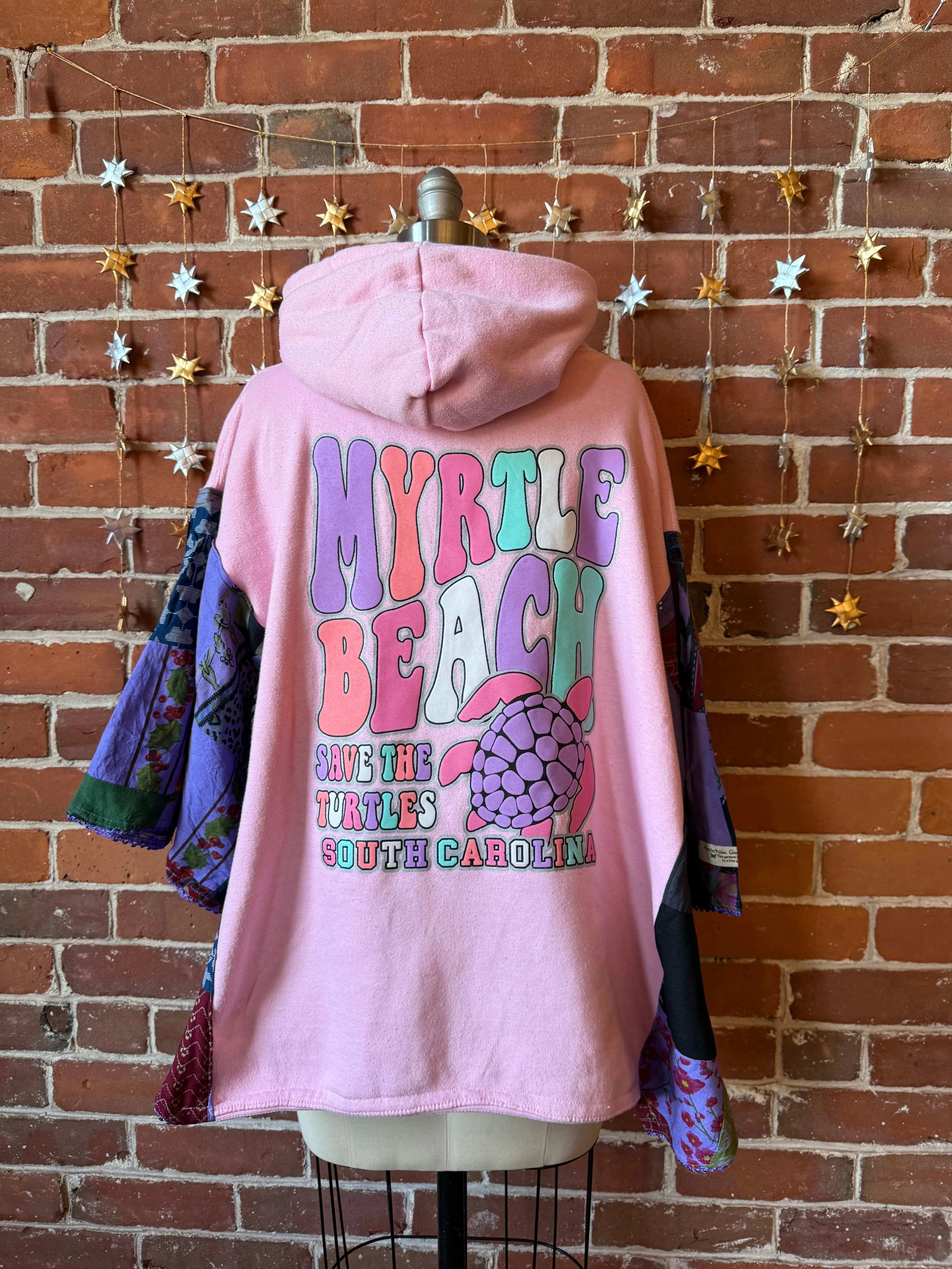 Upcycled Patchwork Mrytle Beach Turtle Poncho Hoodie