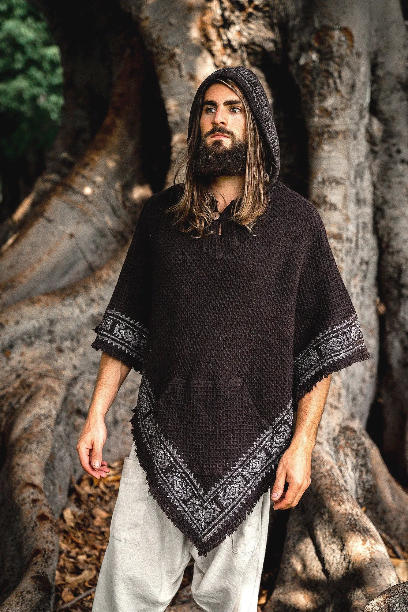 VECHO Black Mens Hooded Vegan Poncho Textured Cotton with Hood Block Printed Tribal Pattern Gypsy Festival Boho ceremony ritual AJJAYA