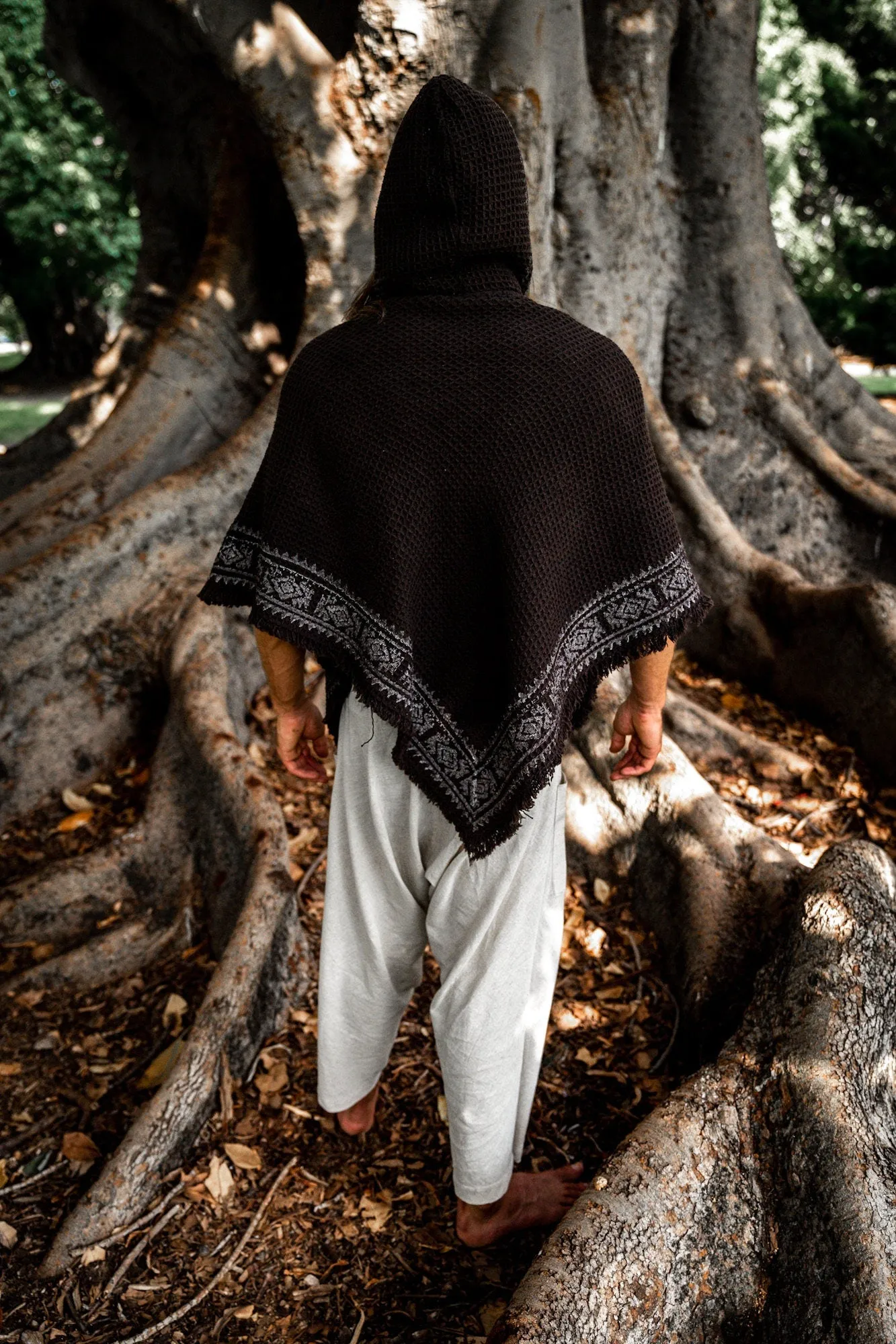 VECHO Black Mens Hooded Vegan Poncho Textured Cotton with Hood Block Printed Tribal Pattern Gypsy Festival Boho ceremony ritual AJJAYA