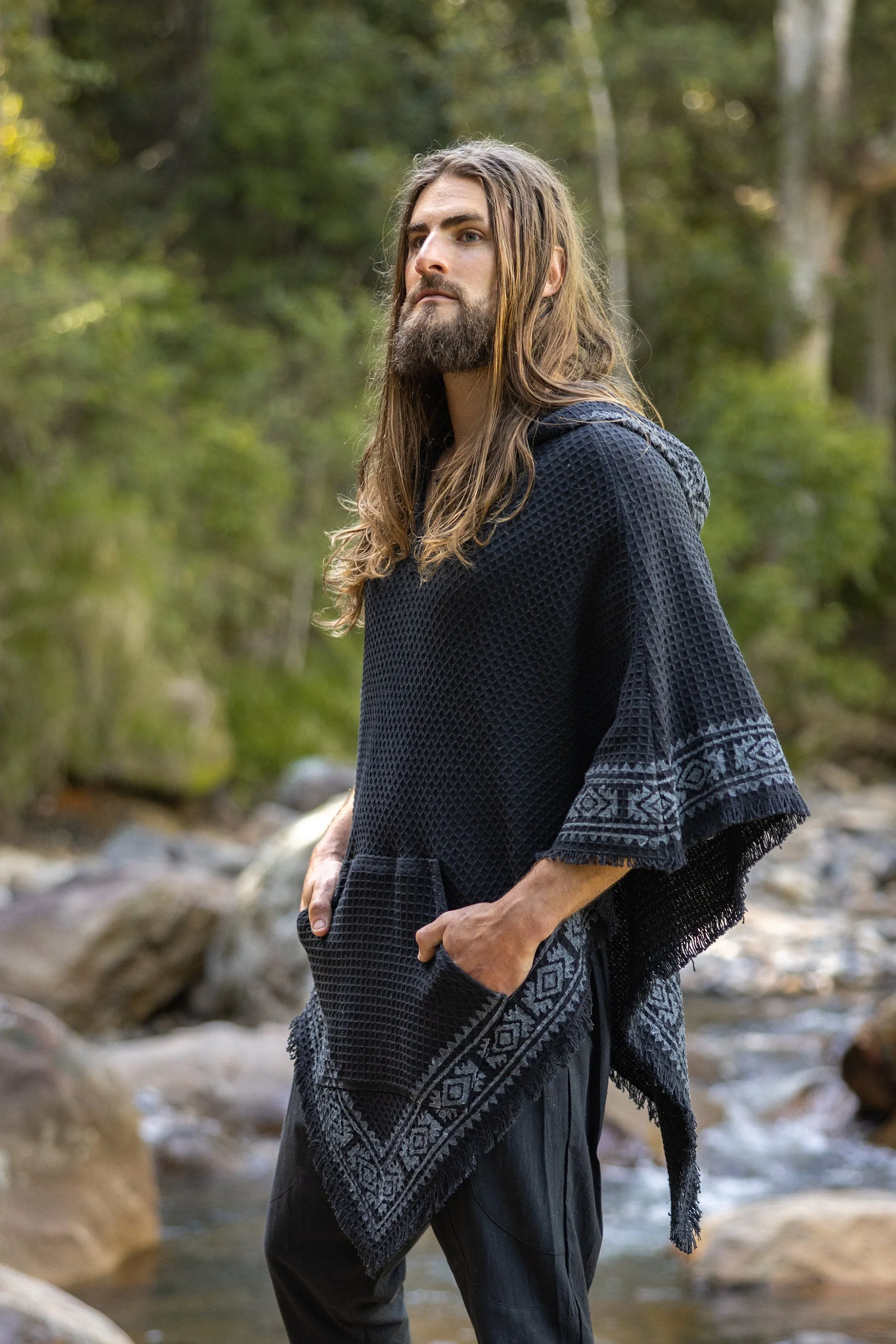 VECHO Black Mens Hooded Vegan Poncho Textured Cotton with Hood Block Printed Tribal Pattern Gypsy Festival Boho ceremony ritual AJJAYA