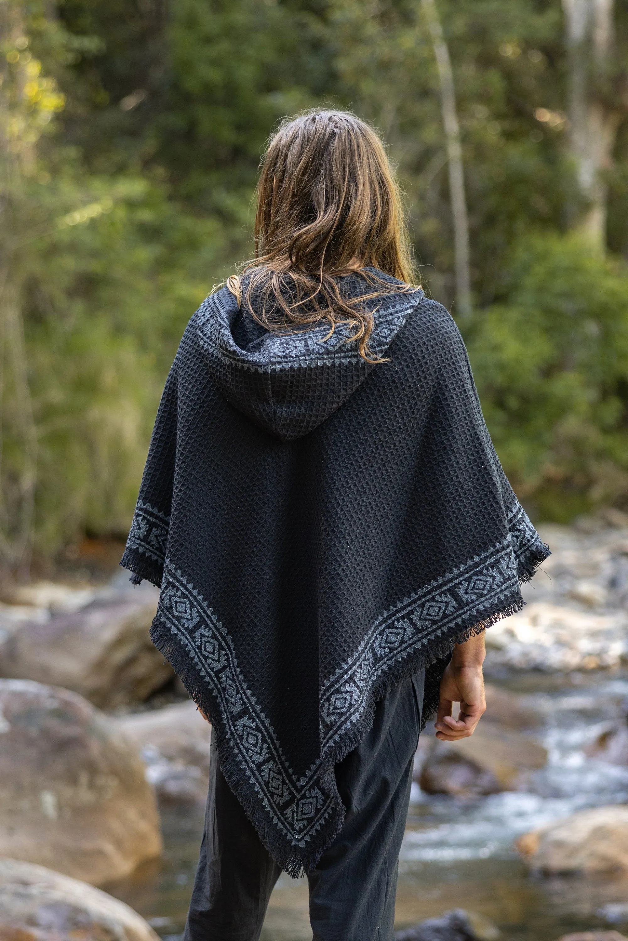 VECHO Black Mens Hooded Vegan Poncho Textured Cotton with Hood Block Printed Tribal Pattern Gypsy Festival Boho ceremony ritual AJJAYA