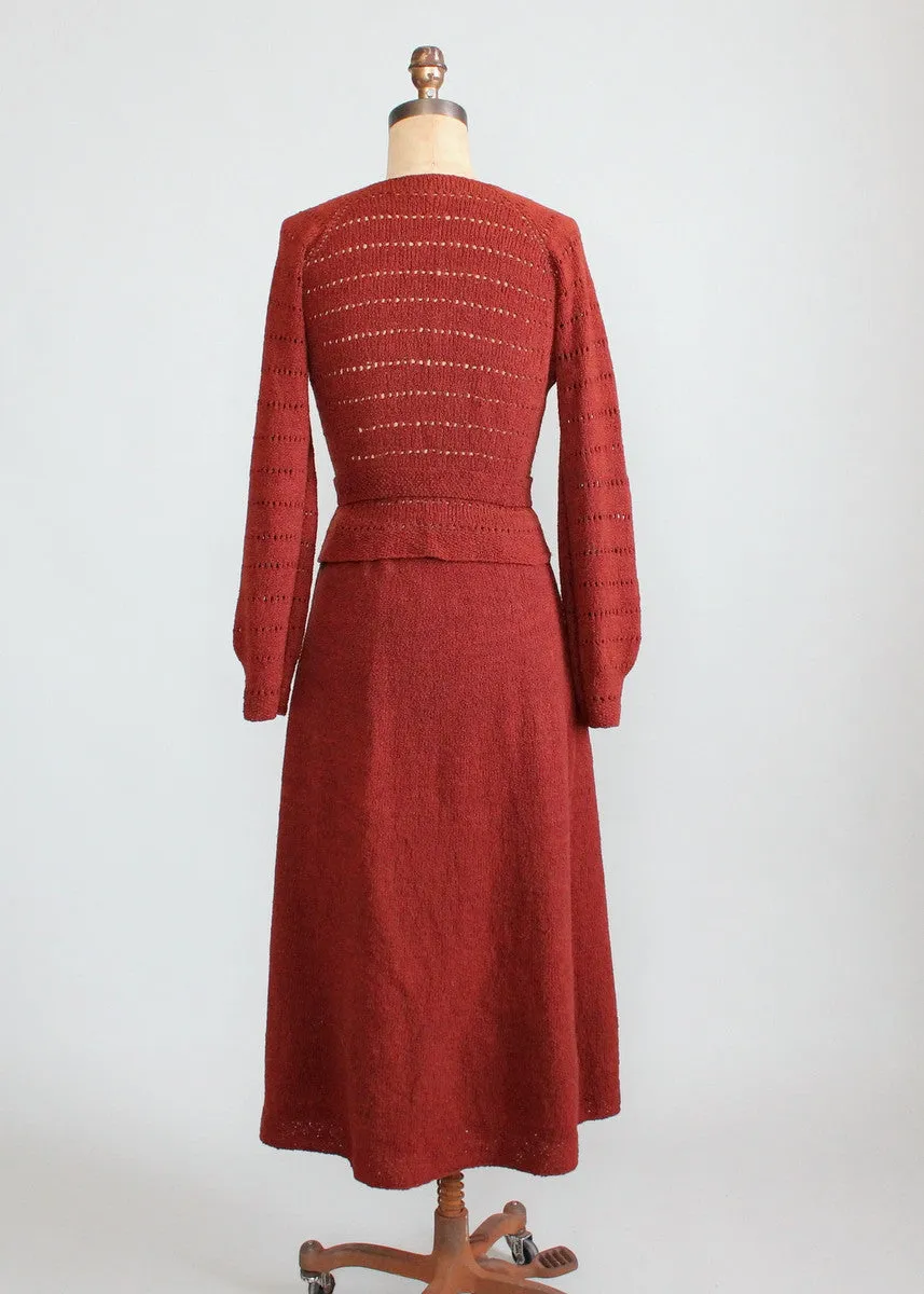 Vintage 1930s Brown Knit Sweater and Skirt Dress Set