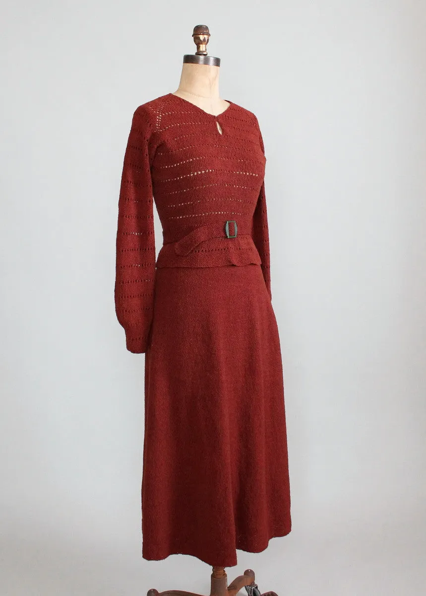 Vintage 1930s Brown Knit Sweater and Skirt Dress Set