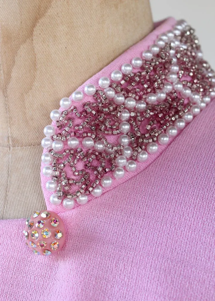 Vintage 1960s MOD Beaded Collar Pink Party Dress