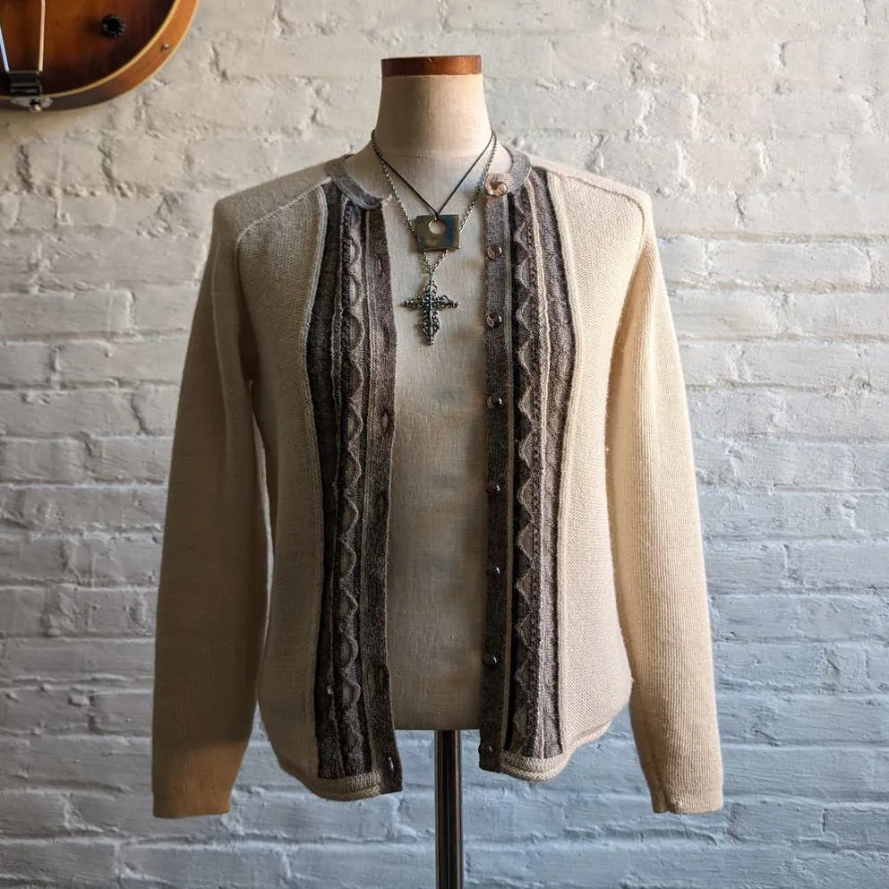 Vintage Alpaca Wool Neutral Knit Cardigan Fuzzy Embroidered Earthy Boho Sweater