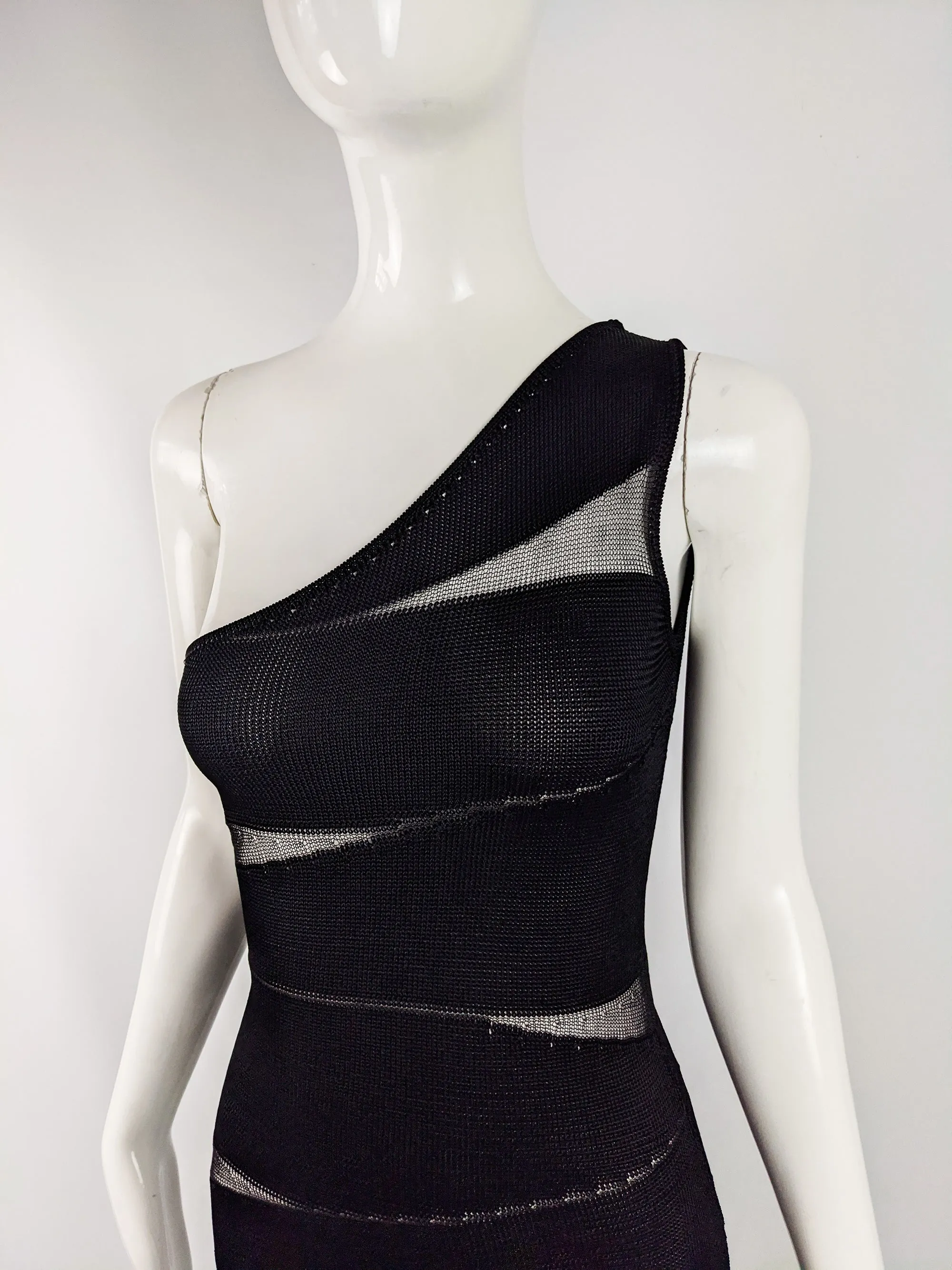 Vintage Semi Sheer Black Silk & Rayon Knit Dress, 1980s