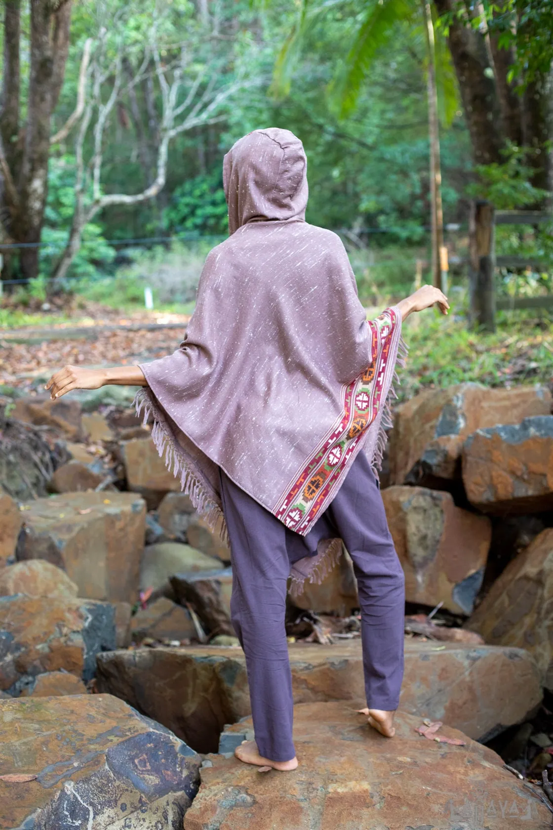 VIRIYA Salmon Hooded Poncho Pink Handwoven Wool Premium Pure Cashmere Hood Zen Embroidery Boho Gypsy Festival Mexican Aztec Celtic AJJAYA