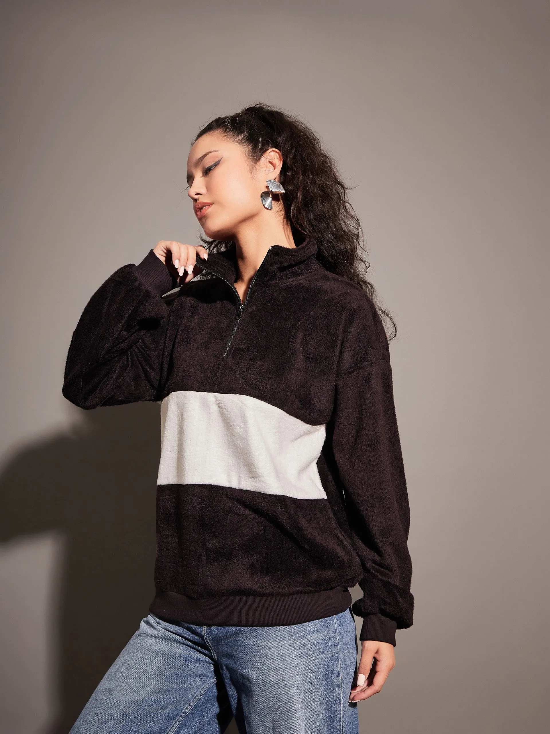 Women Black Fur Colour Block High Neck Sweatshirt