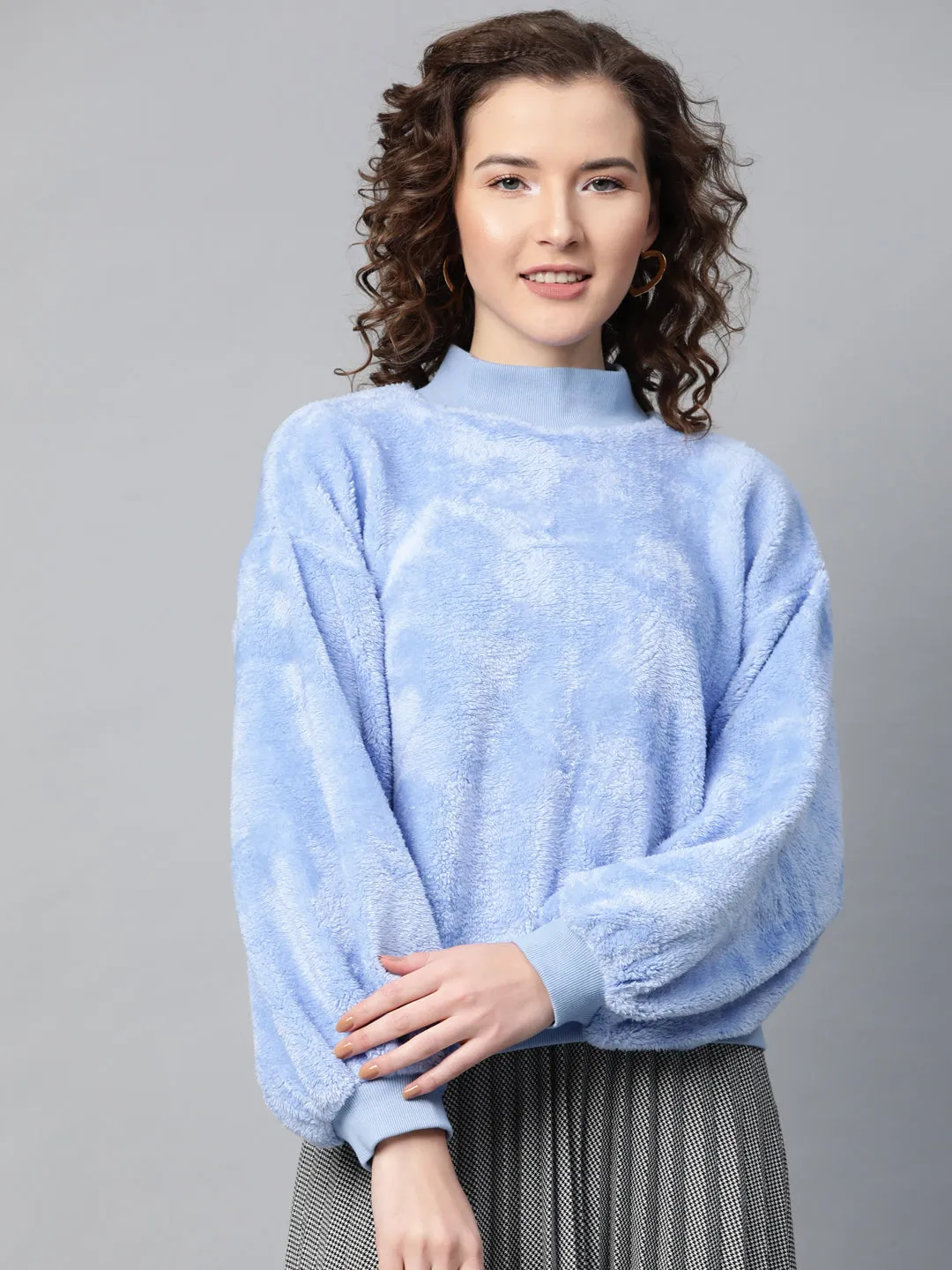 Women Blue Balloon Sleeve Faux Fur Sweatshirt