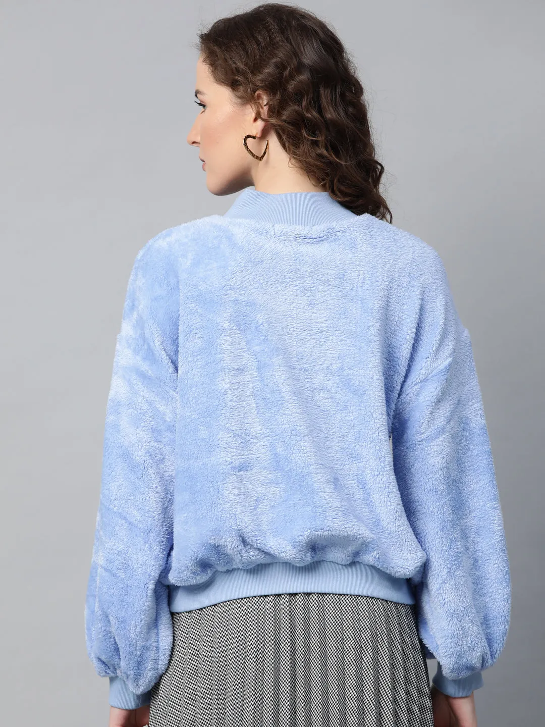 Women Blue Balloon Sleeve Faux Fur Sweatshirt