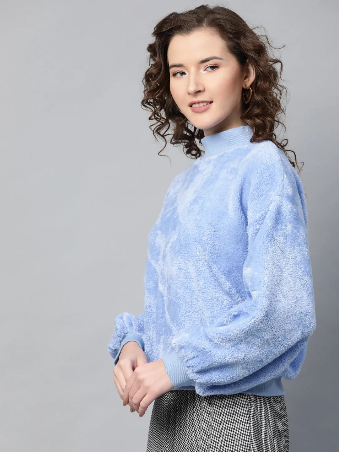 Women Blue Balloon Sleeve Faux Fur Sweatshirt