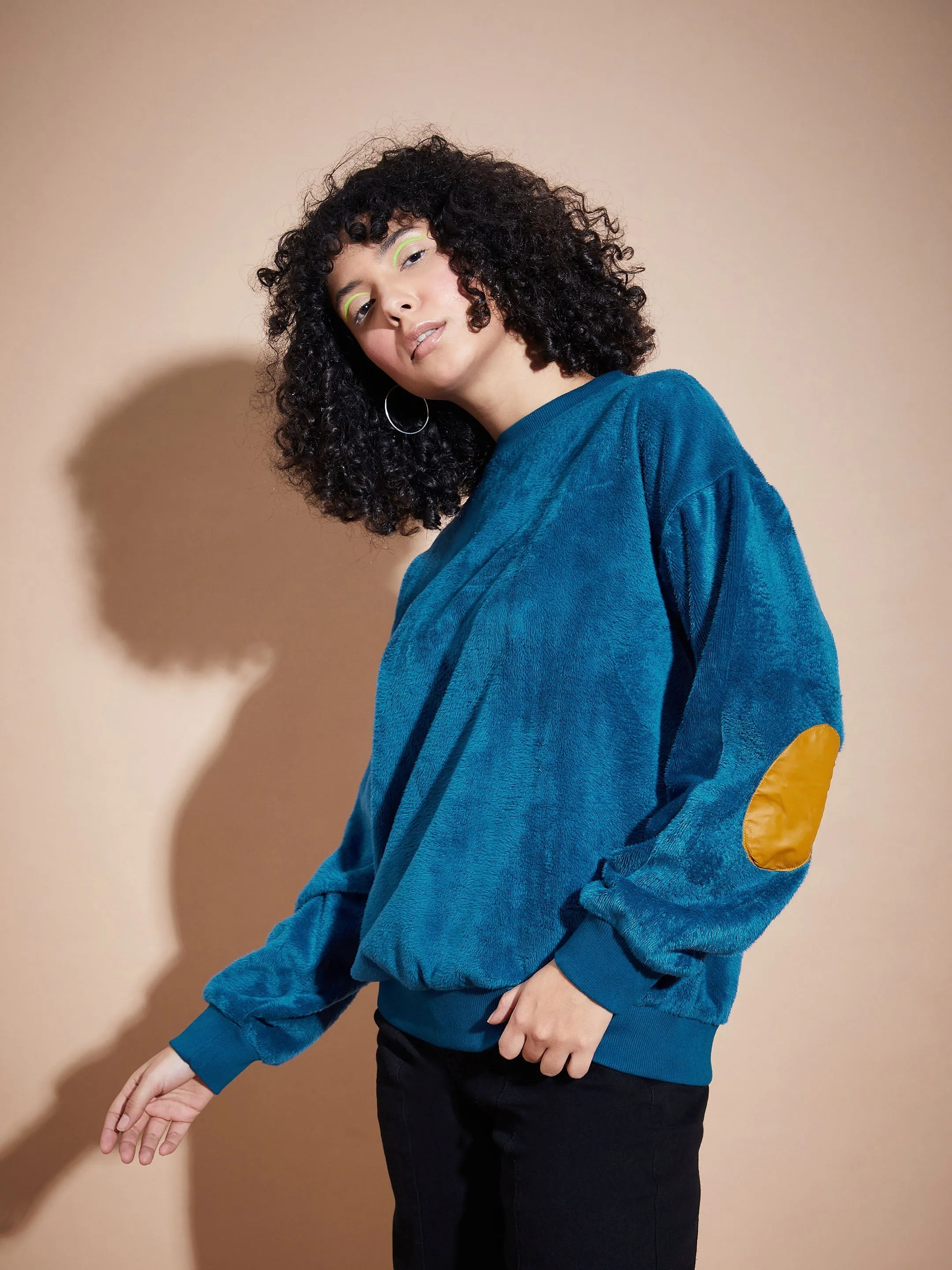 Women Blue Elbow Patch Fur Round Neck Sweatshirt