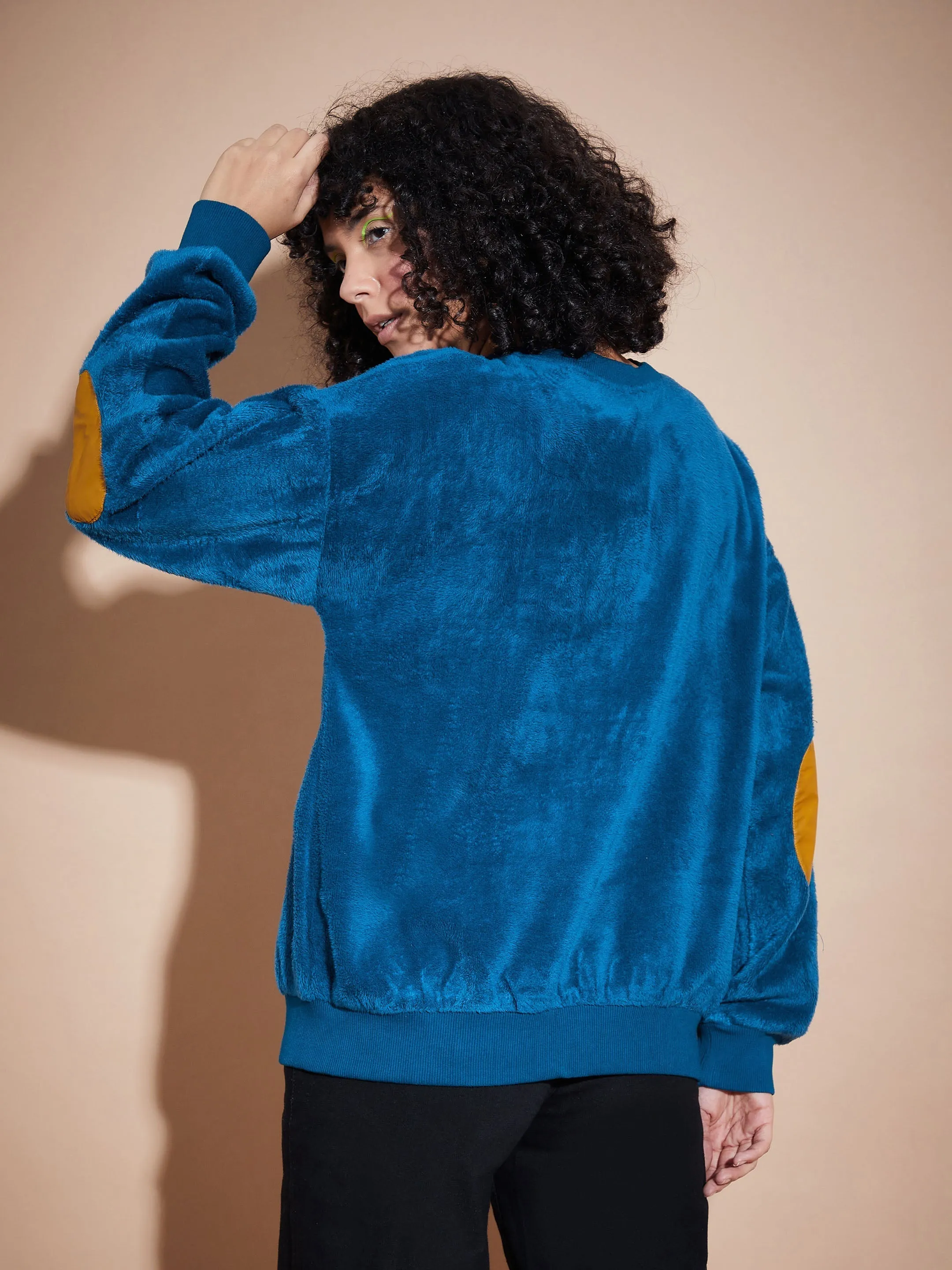 Women Blue Elbow Patch Fur Round Neck Sweatshirt