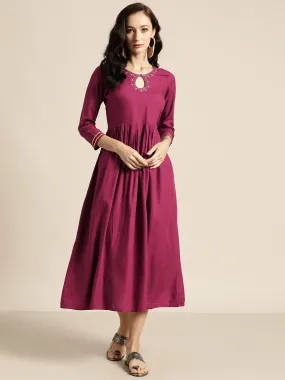 Women Burgundy Zari Embroidered Liva Dress