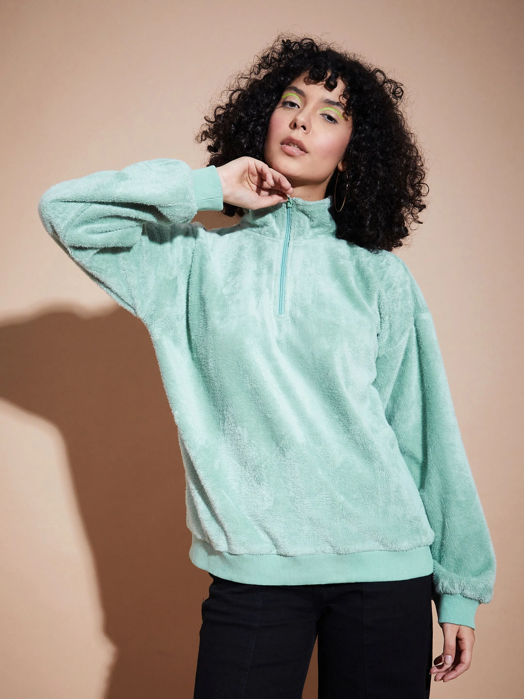 Women Green Front Zipper High Neck Sweatshirt