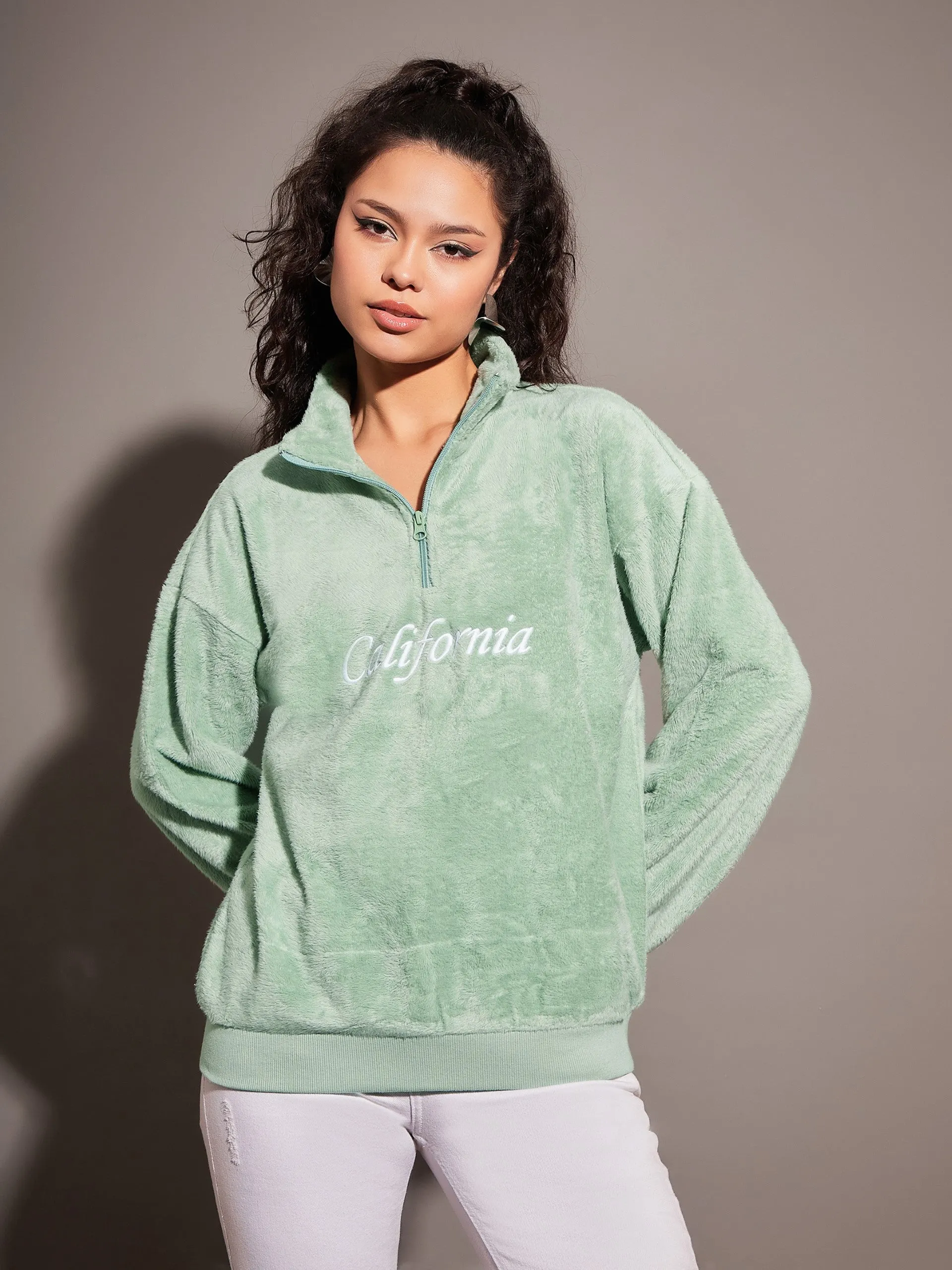 Women Green Fur CALIFORNIA Embroidered High Neck Sweatshirt