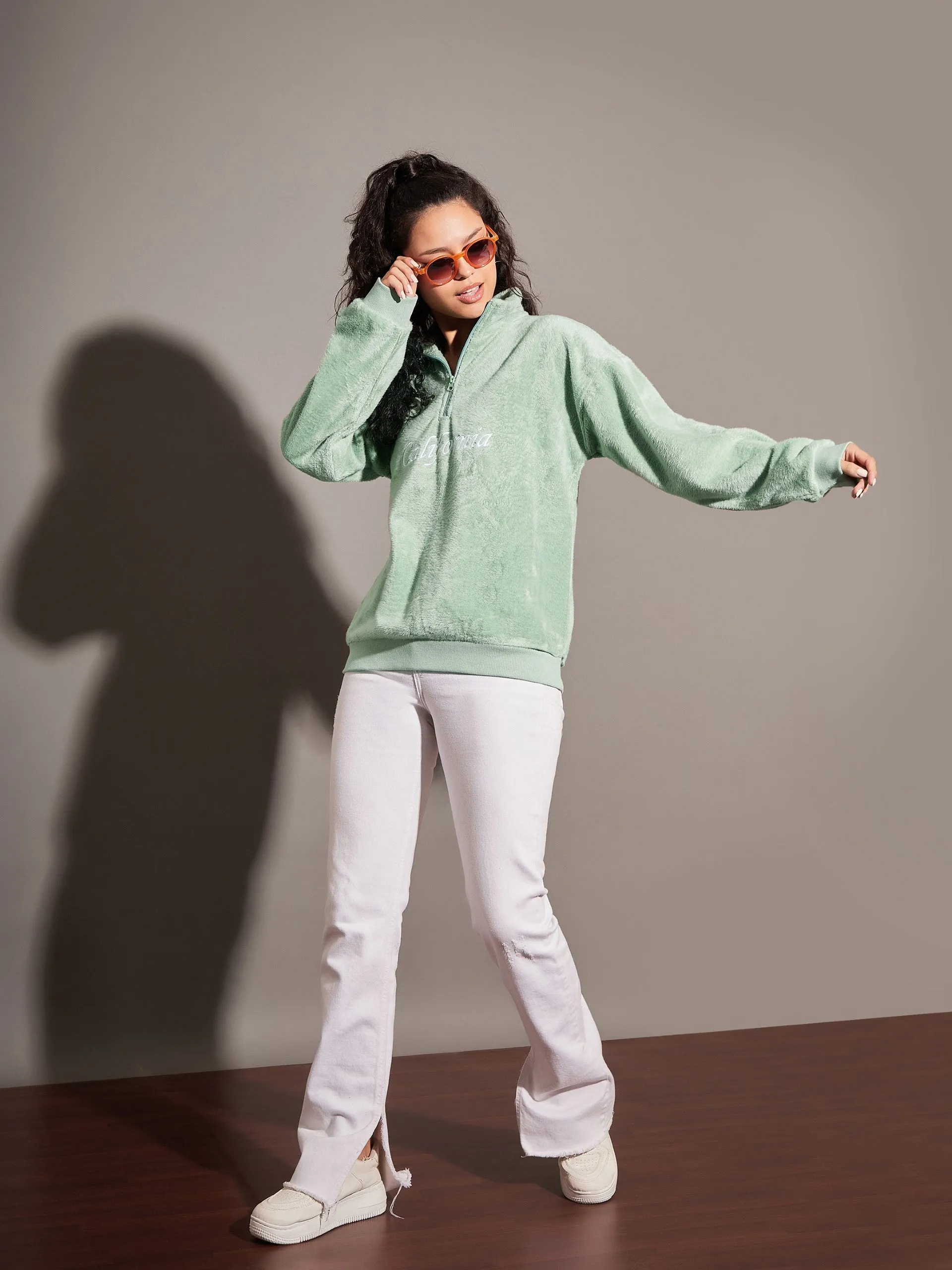 Women Green Fur CALIFORNIA Embroidered High Neck Sweatshirt