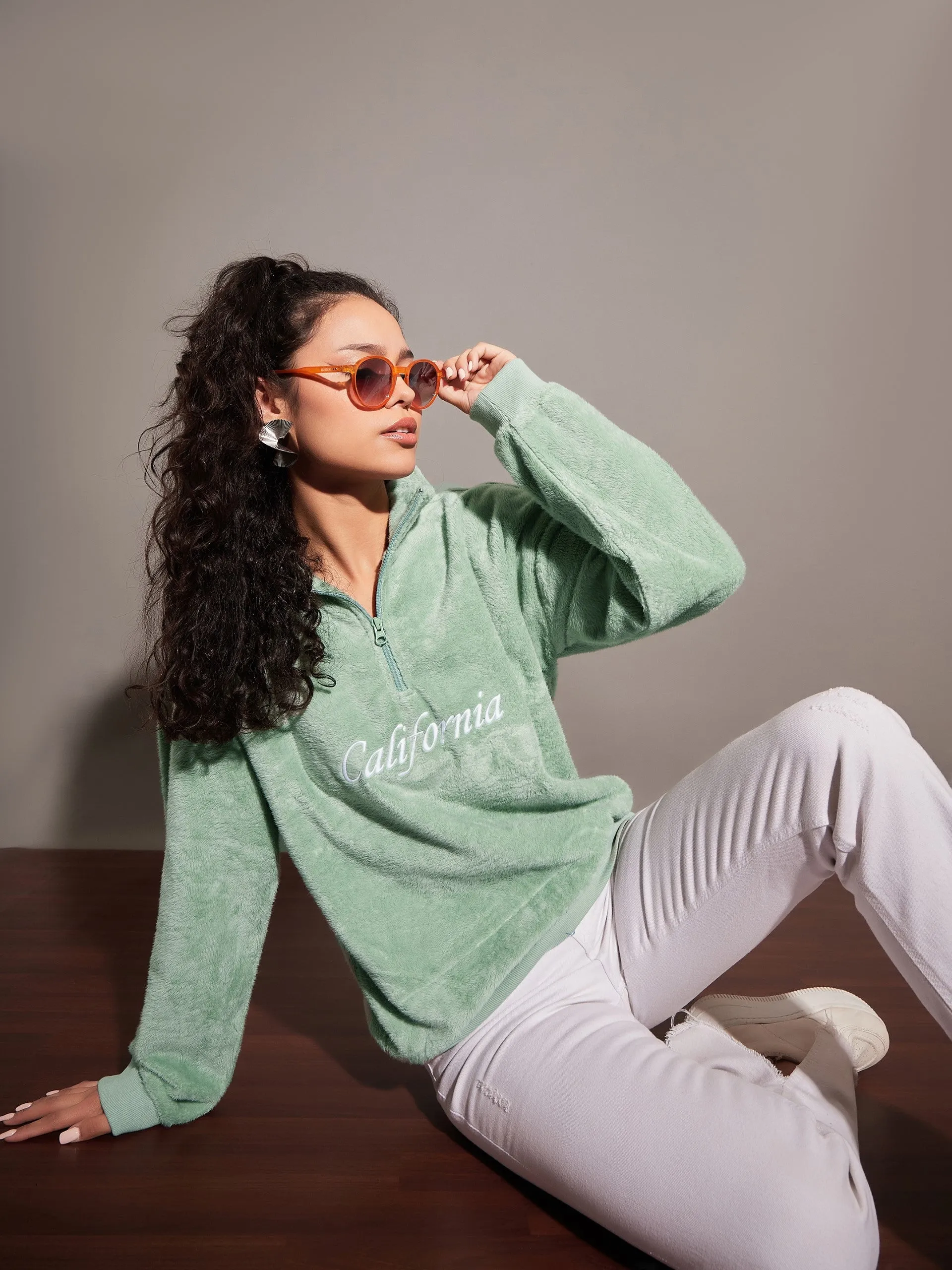 Women Green Fur CALIFORNIA Embroidered High Neck Sweatshirt