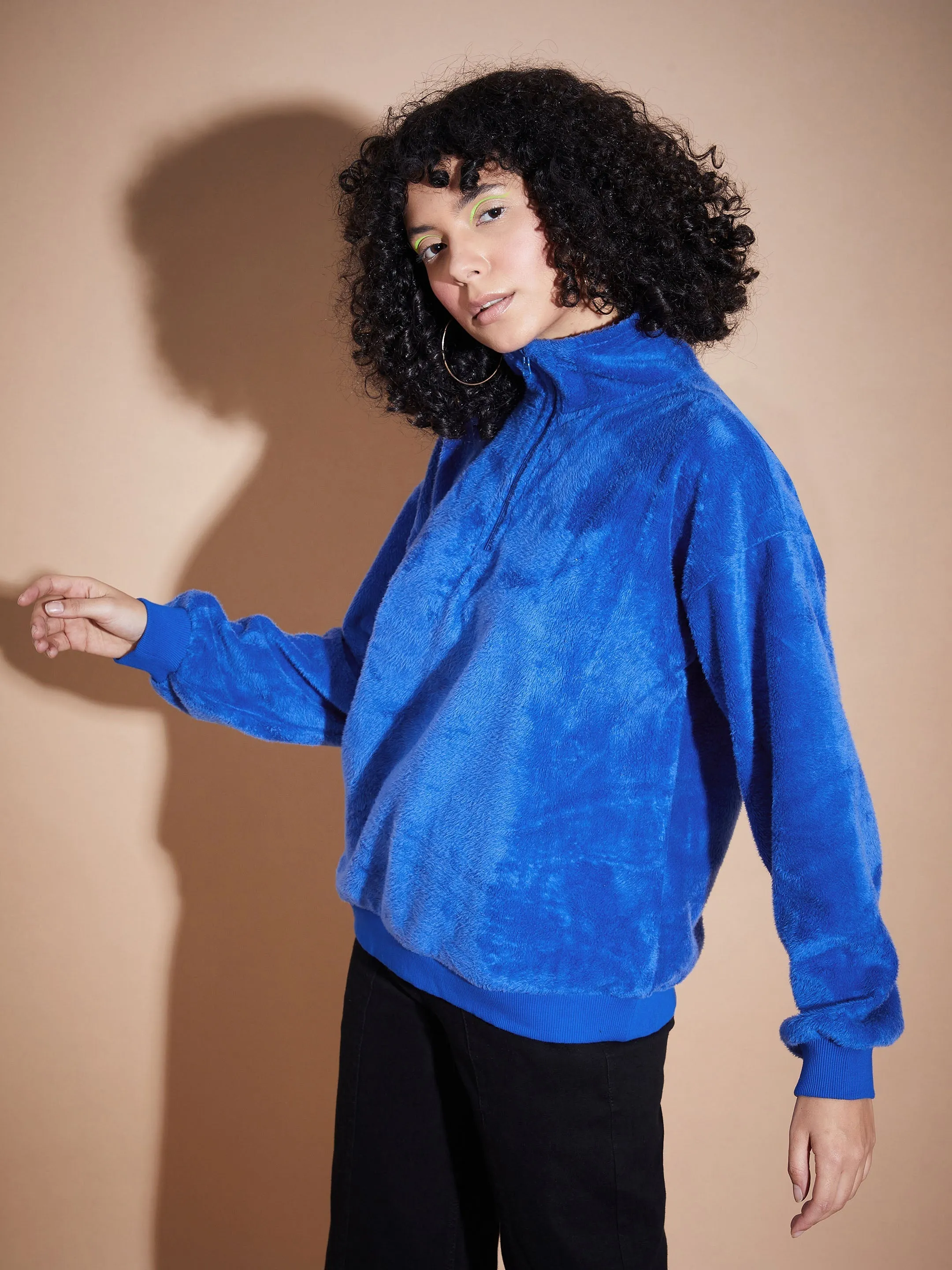 Women Royal Blue Front Zipper High Neck Sweatshirt