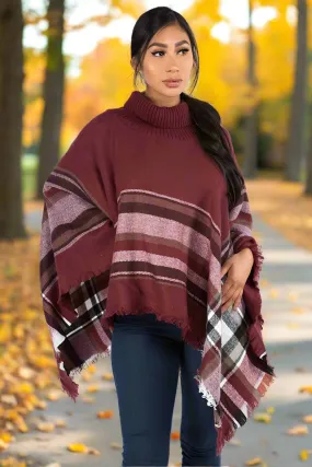 Womens Brown Plaid Sweater Poncho, Striped Poncho, One Size, Brown/Black/White