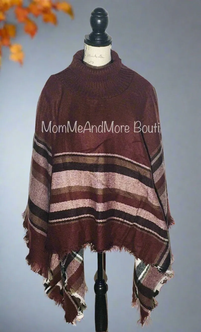 Womens Brown Plaid Sweater Poncho, Striped Poncho, One Size, Brown/Black/White