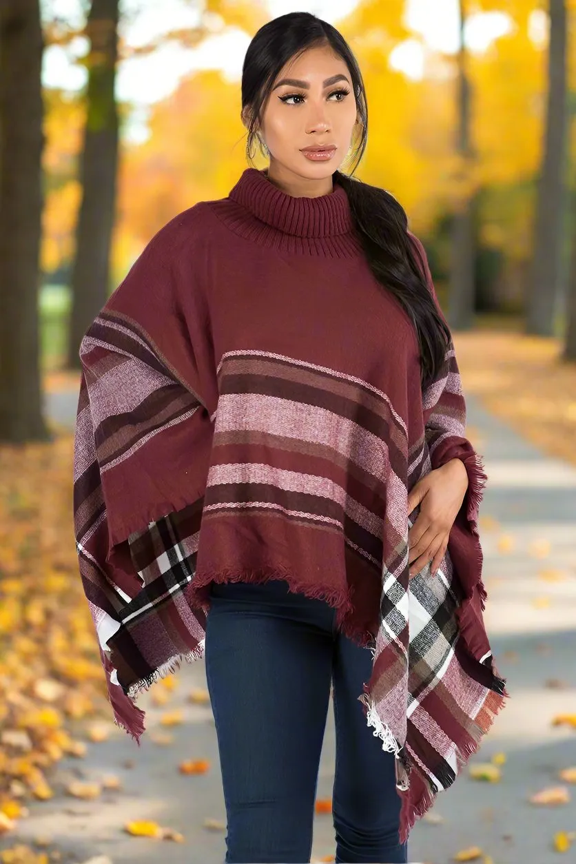 Womens Brown Plaid Sweater Poncho, Striped Poncho, One Size, Brown/Black/White