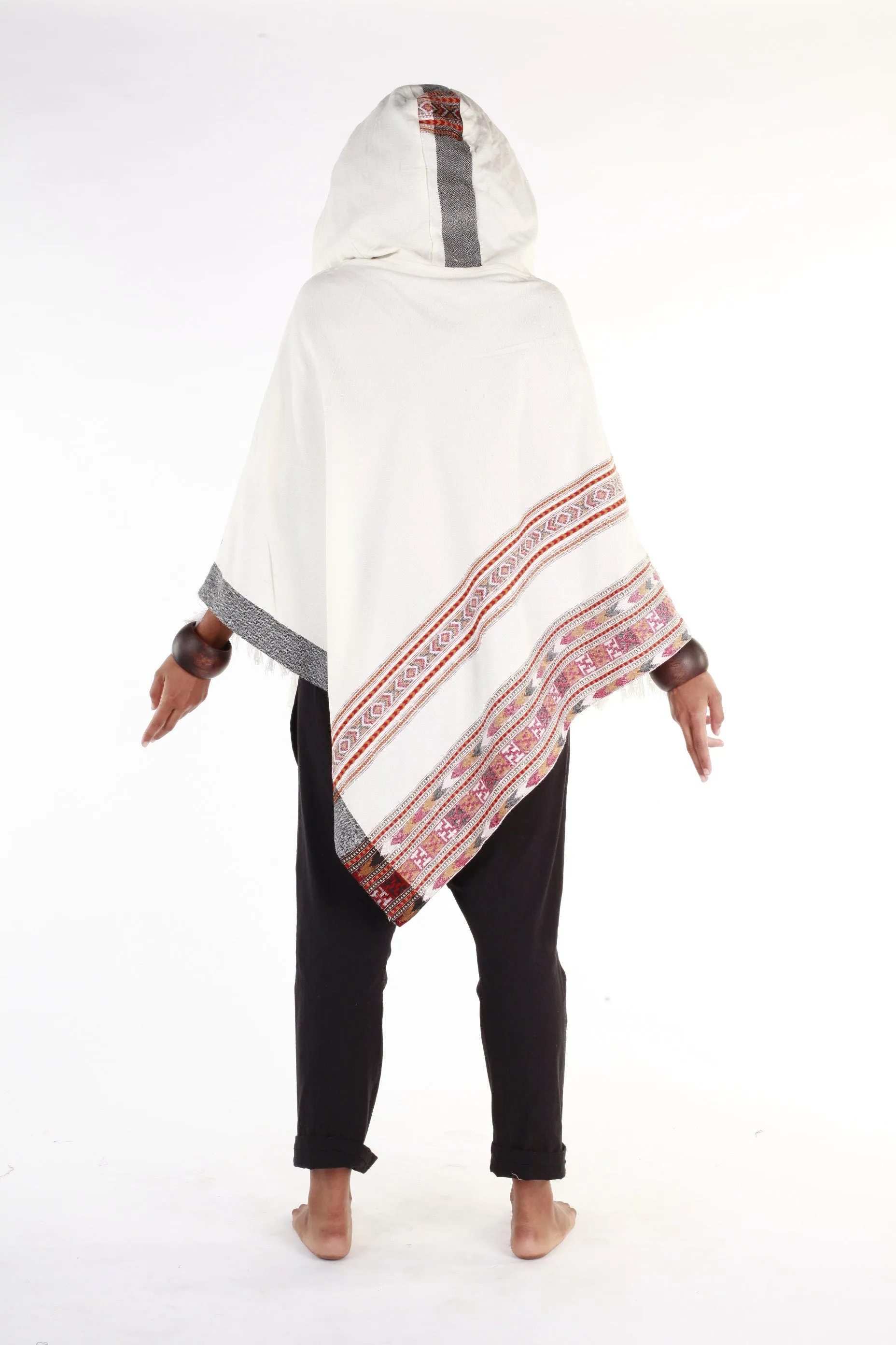 Womens Hooded Poncho Pure White Cashmere Wool, with Tribal Embroidery, Large Hood, Two Pockets, Hippie, Primitive, Gypsy, Boho, AJJAYA