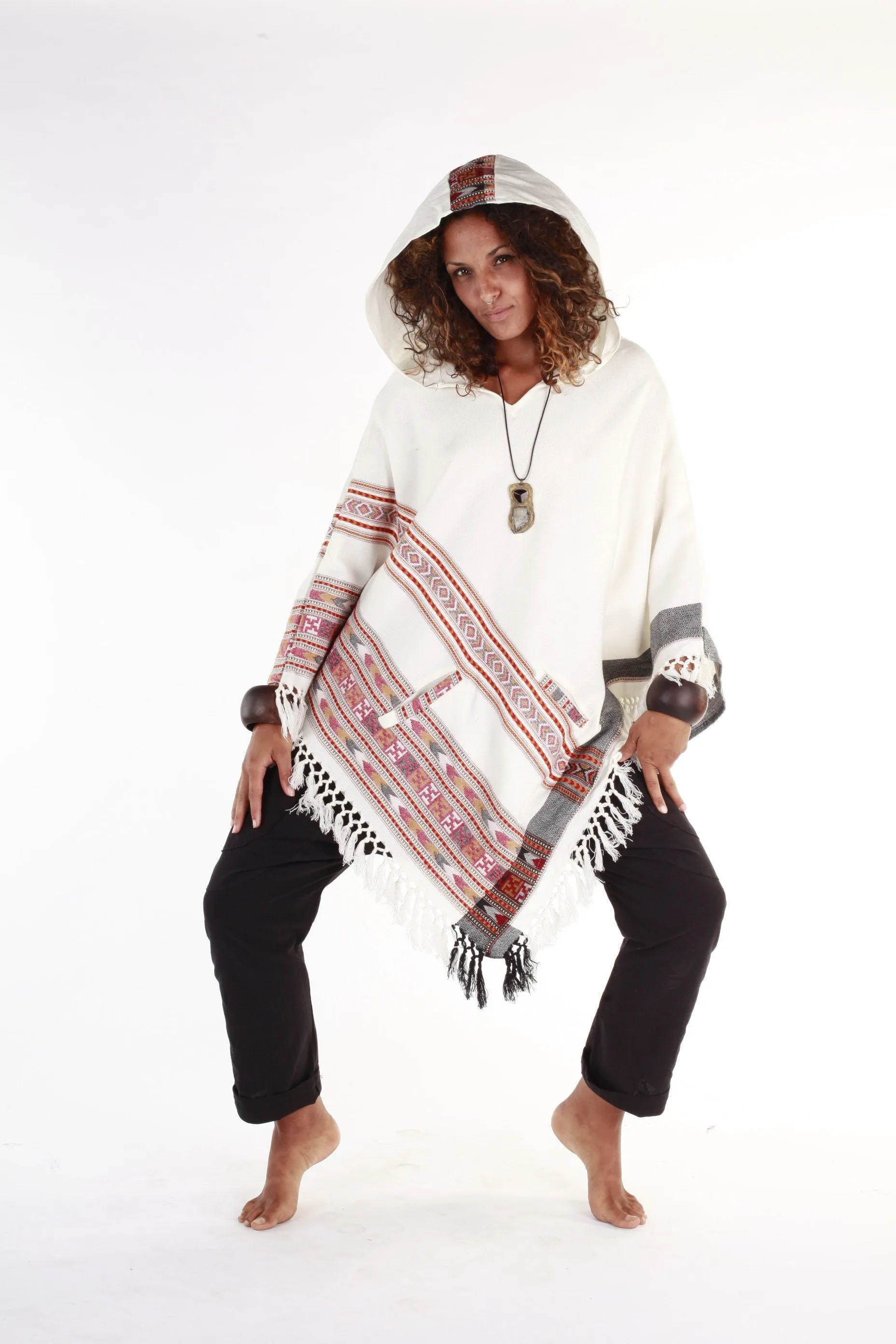 Womens Hooded Poncho Pure White Cashmere Wool, with Tribal Embroidery, Large Hood, Two Pockets, Hippie, Primitive, Gypsy, Boho, AJJAYA