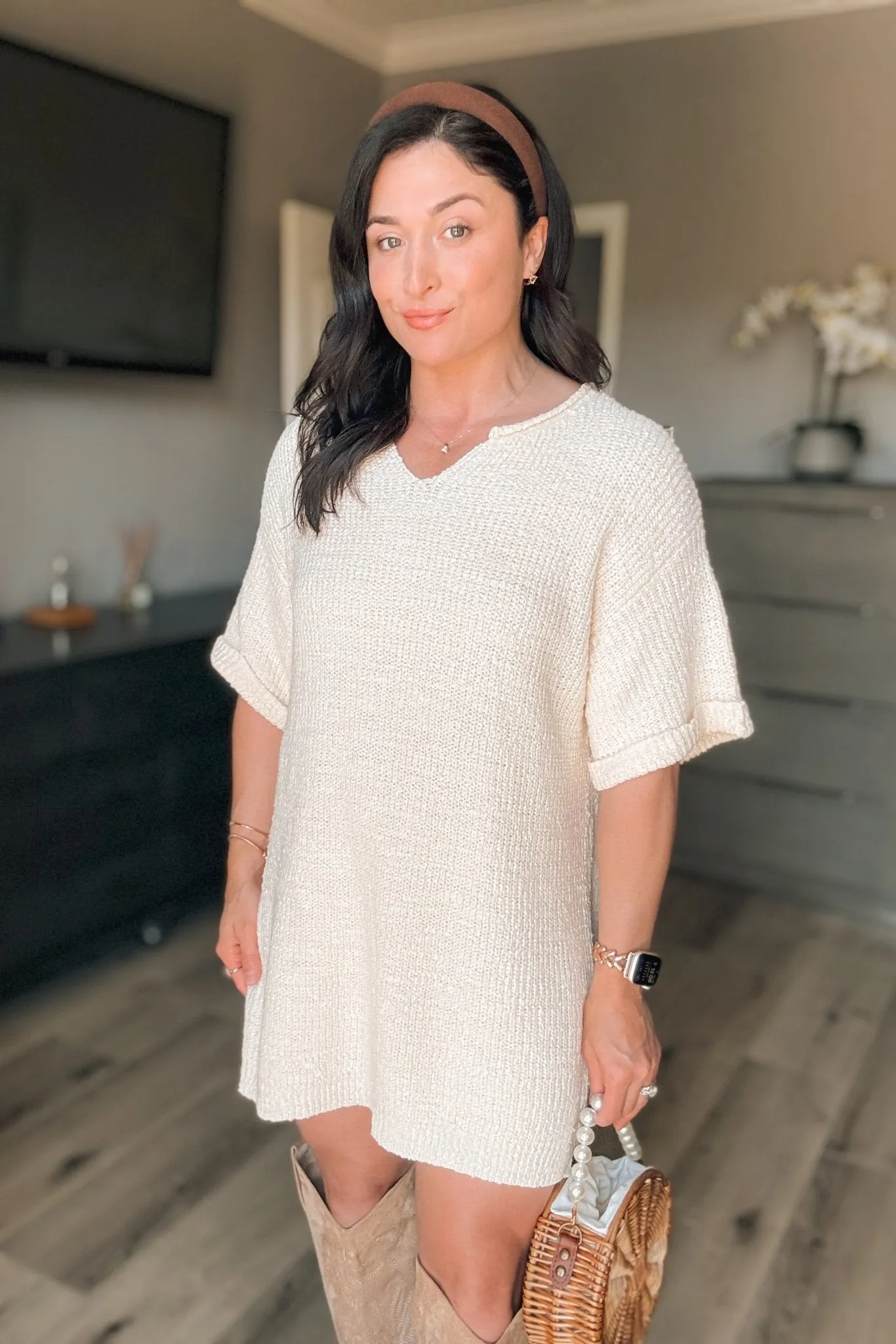 Women's Neutral Short Sleeve Oversized Knit Dress Top | Cream