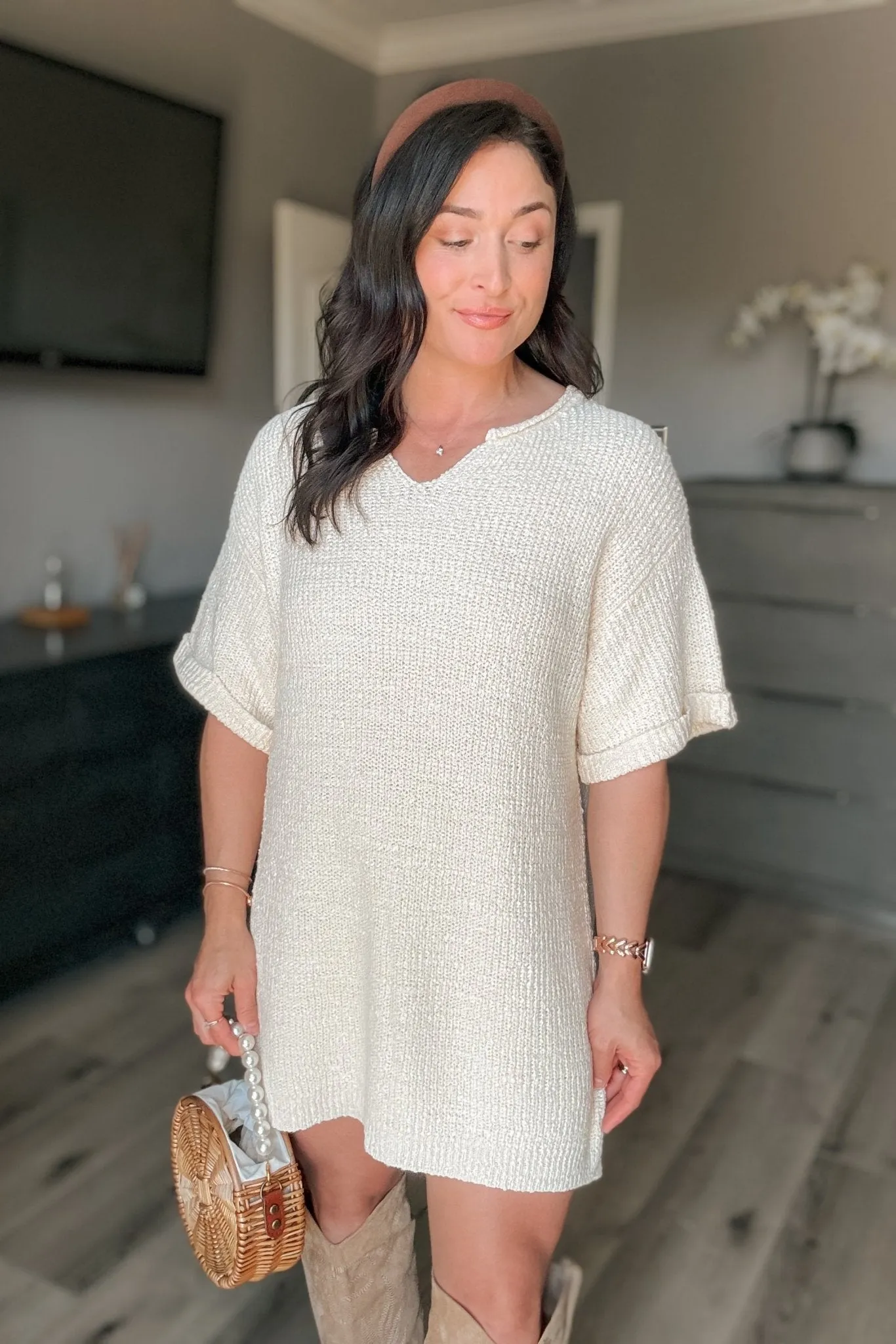 Women's Neutral Short Sleeve Oversized Knit Dress Top | Cream