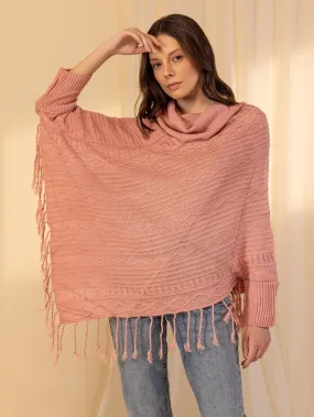 Woolen Cowl Neck Poncho - Rose