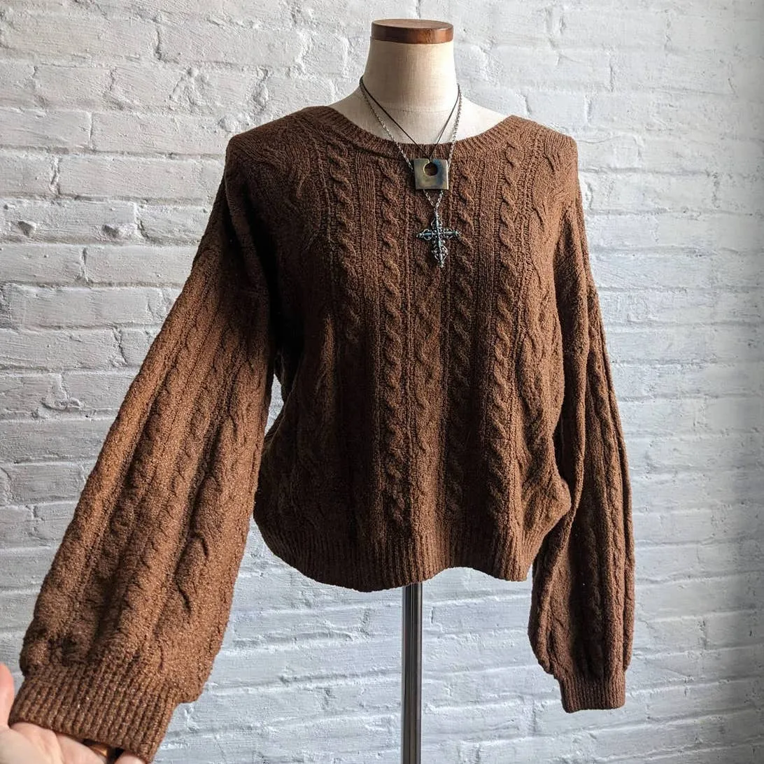 Y2K Cozy Chunky Cable Knit Cropped Sweater Minimalist Boho Chic Ribbed Tie Top