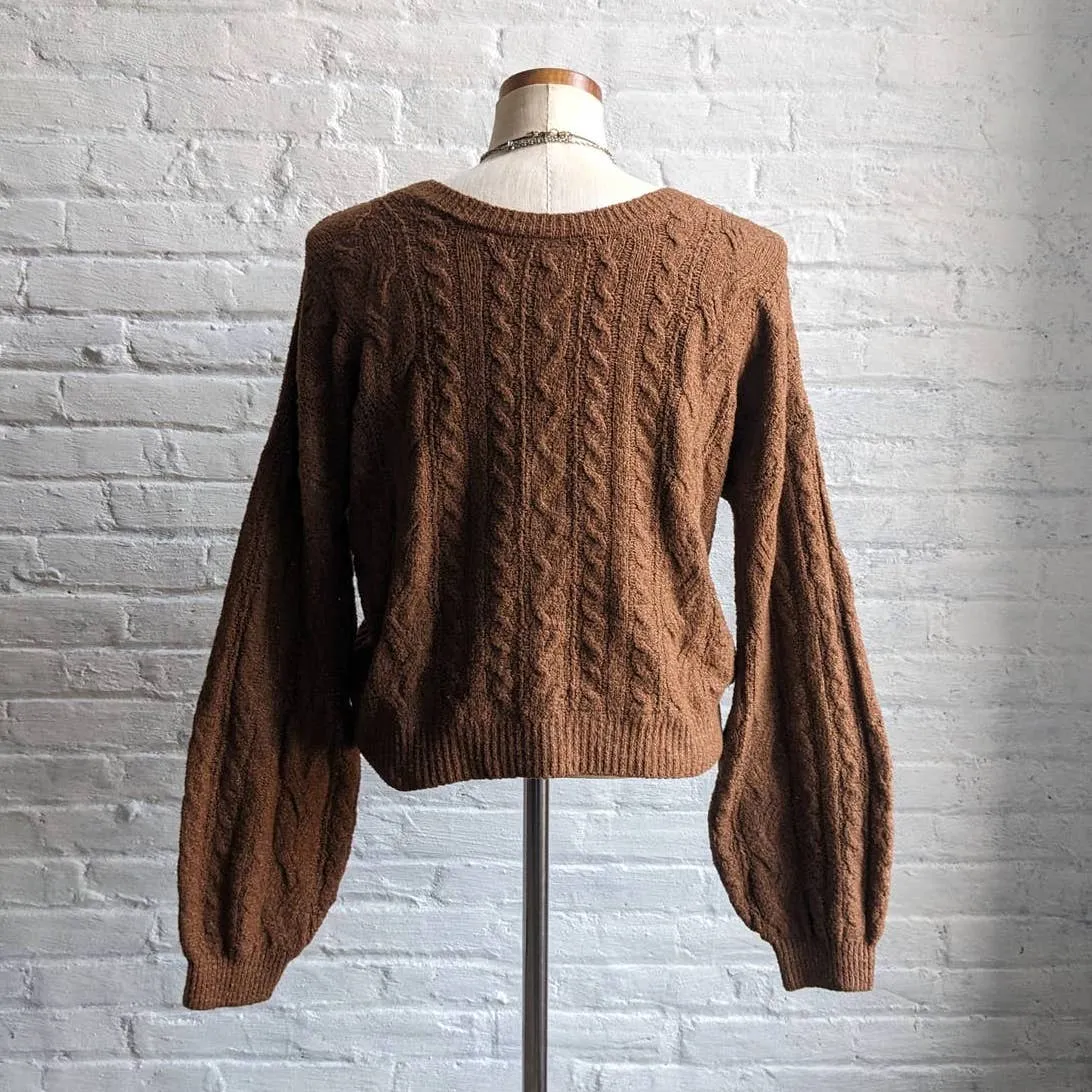 Y2K Cozy Chunky Cable Knit Cropped Sweater Minimalist Boho Chic Ribbed Tie Top