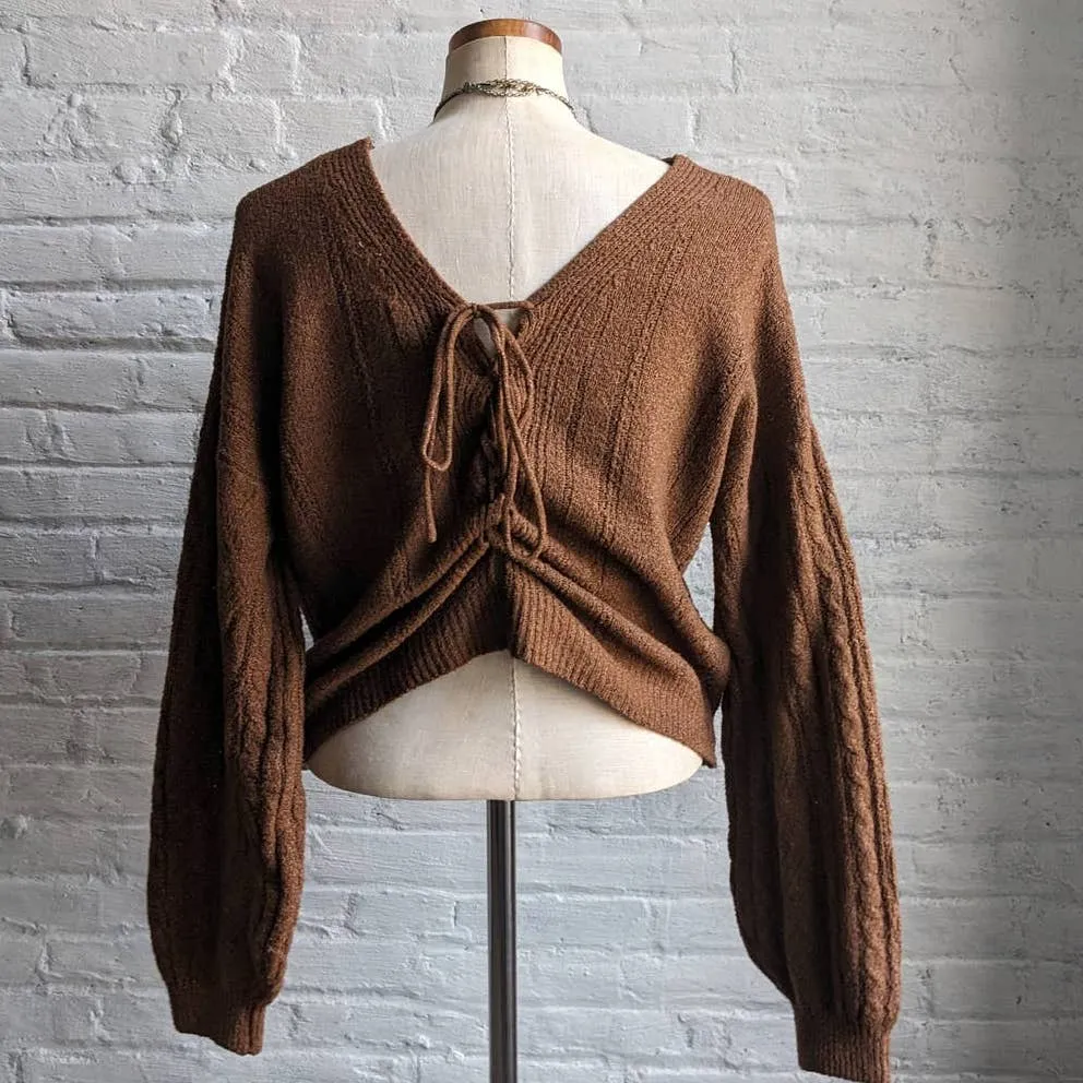 Y2K Cozy Chunky Cable Knit Cropped Sweater Minimalist Boho Chic Ribbed Tie Top