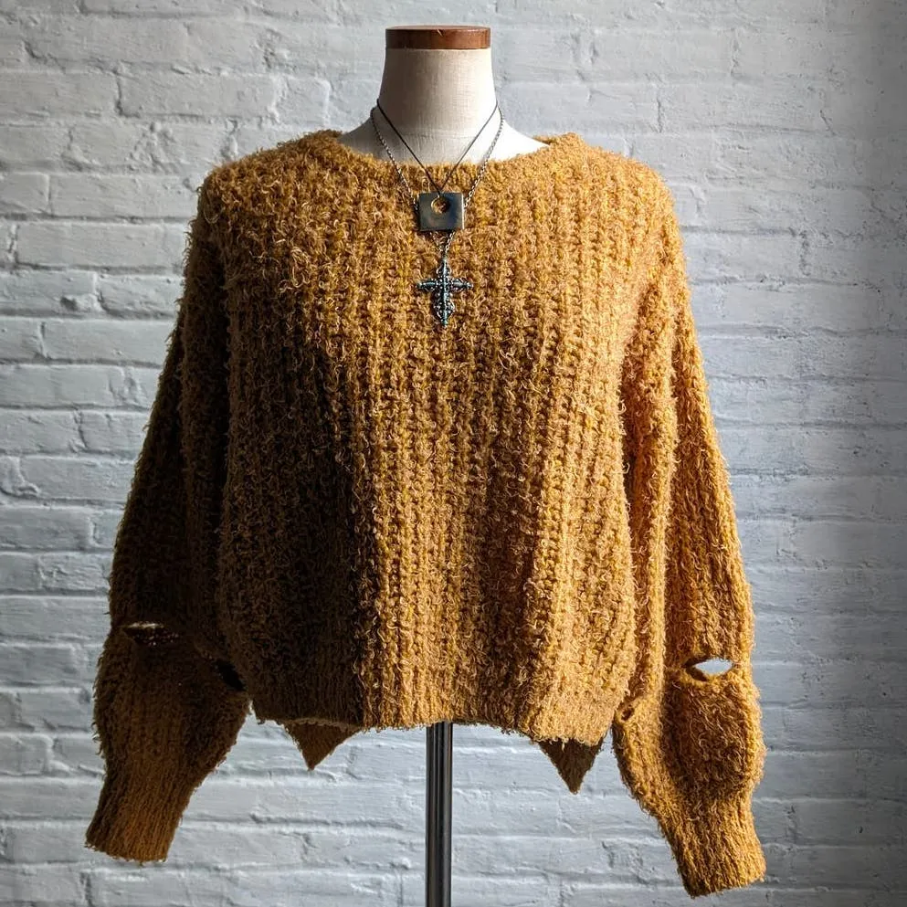 Y2K Fuzzy Shag Sweater Retro Mustard Yellow Minimalist Furry Grunge Cut Out Top