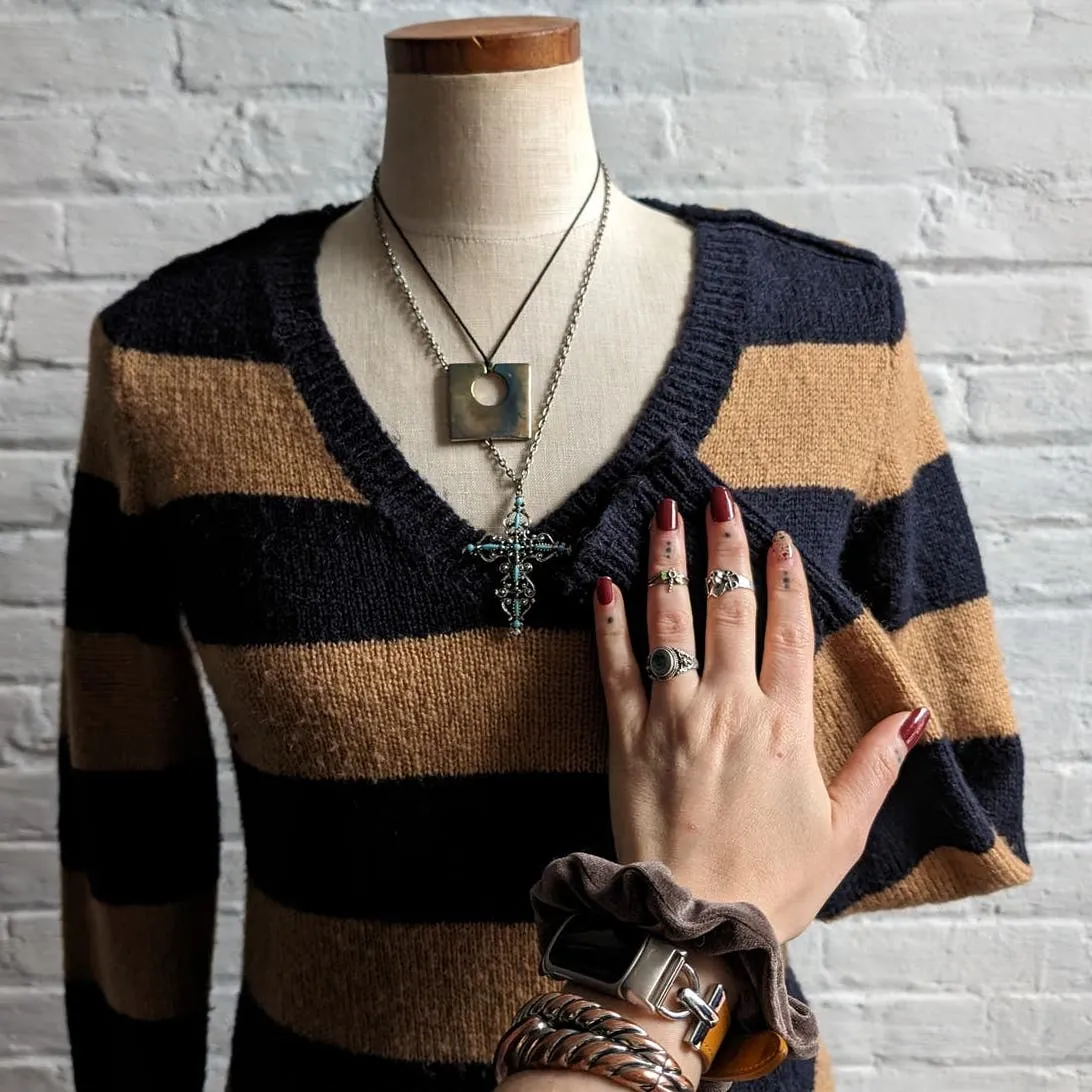 Y2K Vintage Neutral Wool Striped Chunky Knit Sweater Minimalist Boho Preppy Top